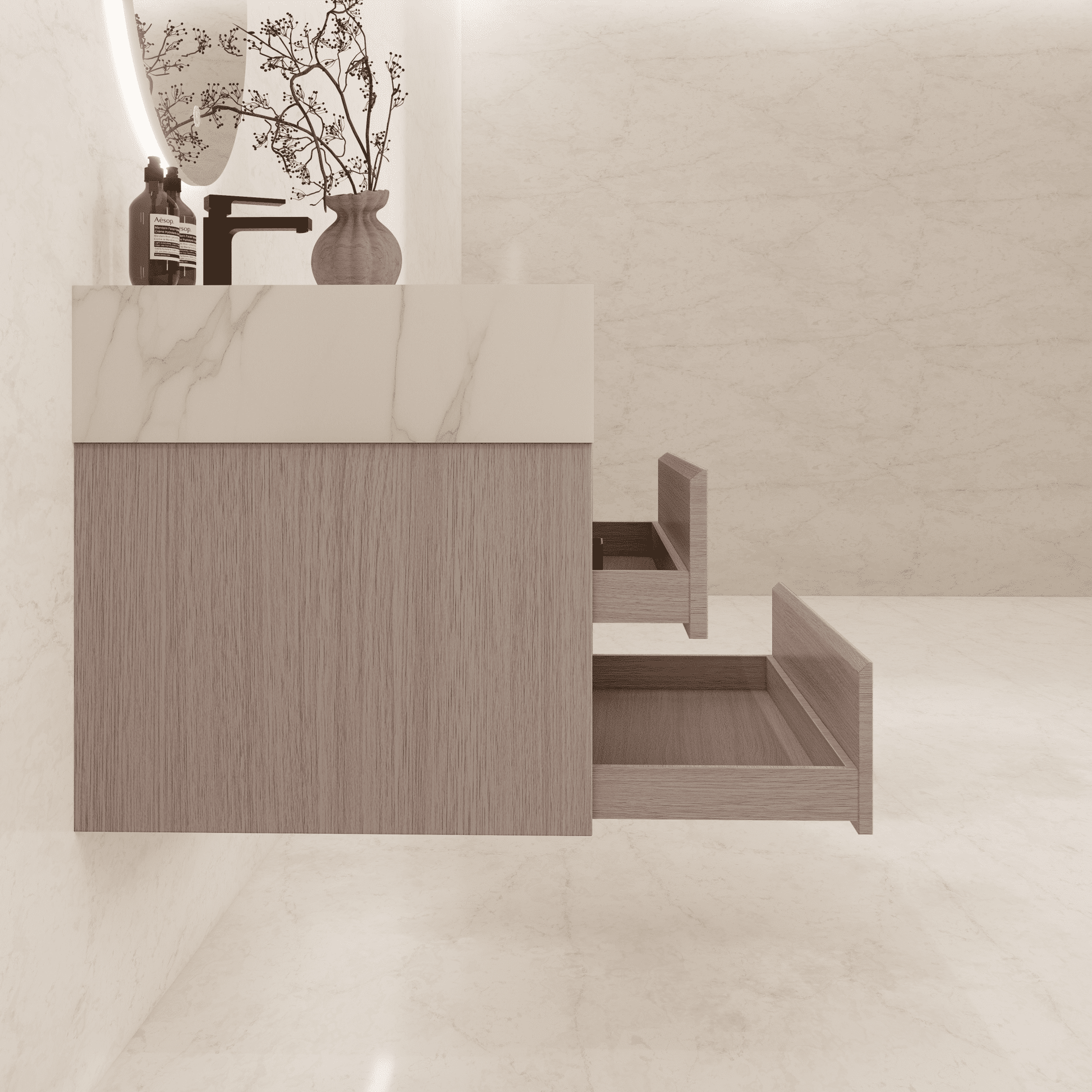 32", 36", 40" Sintered Stone Top with Light Oak Floating Bathroom Vanity - VanityIce Grey