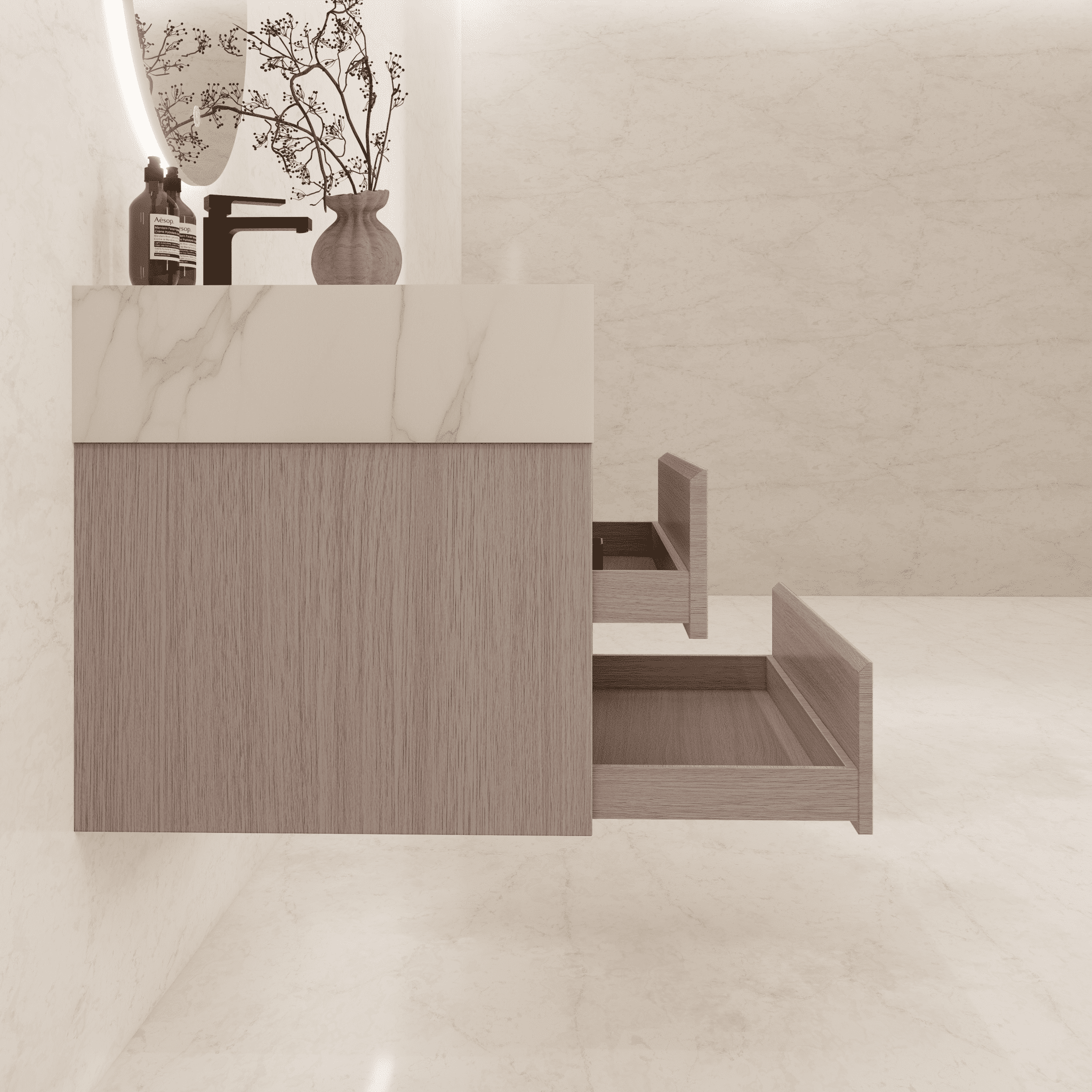 32", 36", 40" Sintered Stone Top with Light Oak Floating Bathroom Vanity - VanityIce Grey