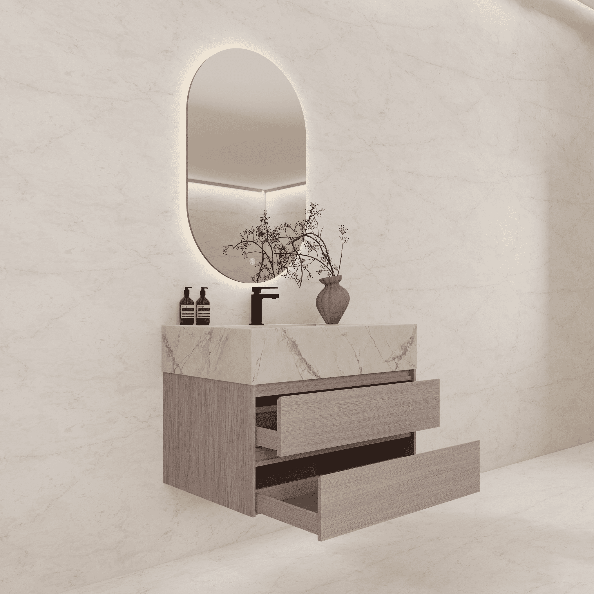 32", 36", 40" Sintered Stone Top with Light Oak Floating Bathroom Vanity - VanityIce Grey