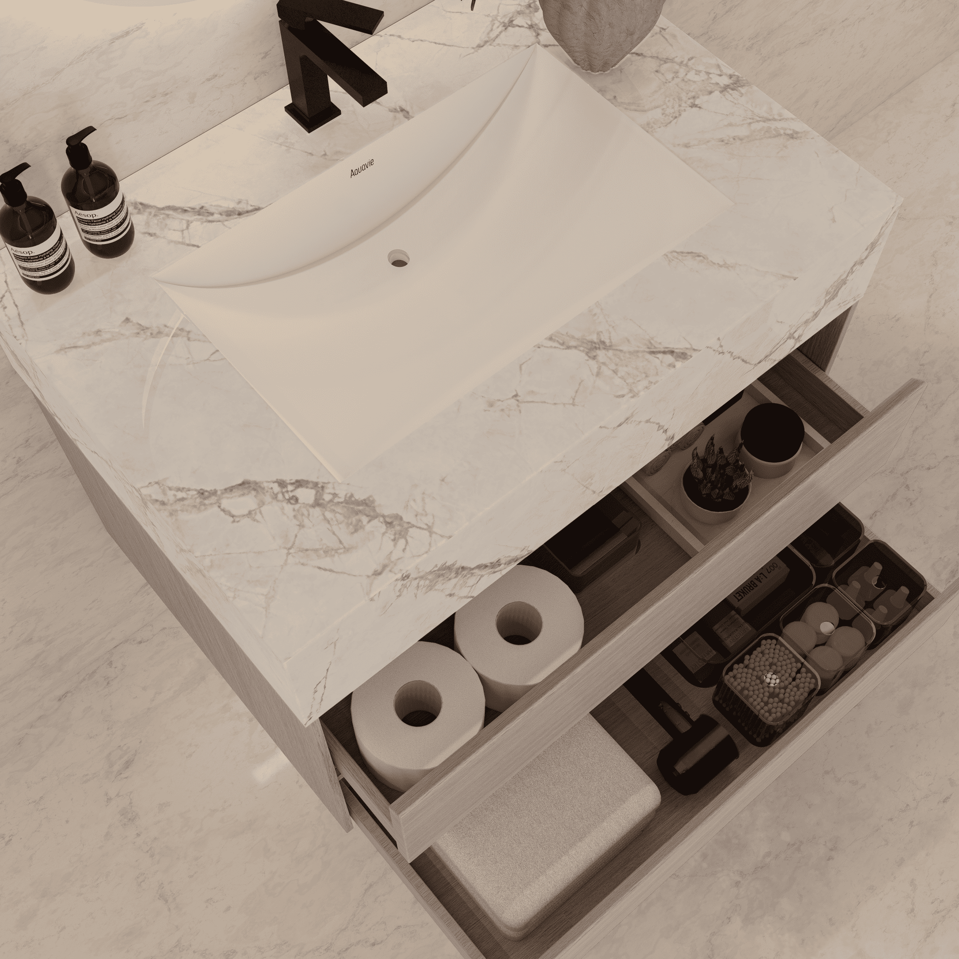 32", 36", 40" Sintered Stone Top with Light Oak Floating Bathroom Vanity - VanityIce Grey