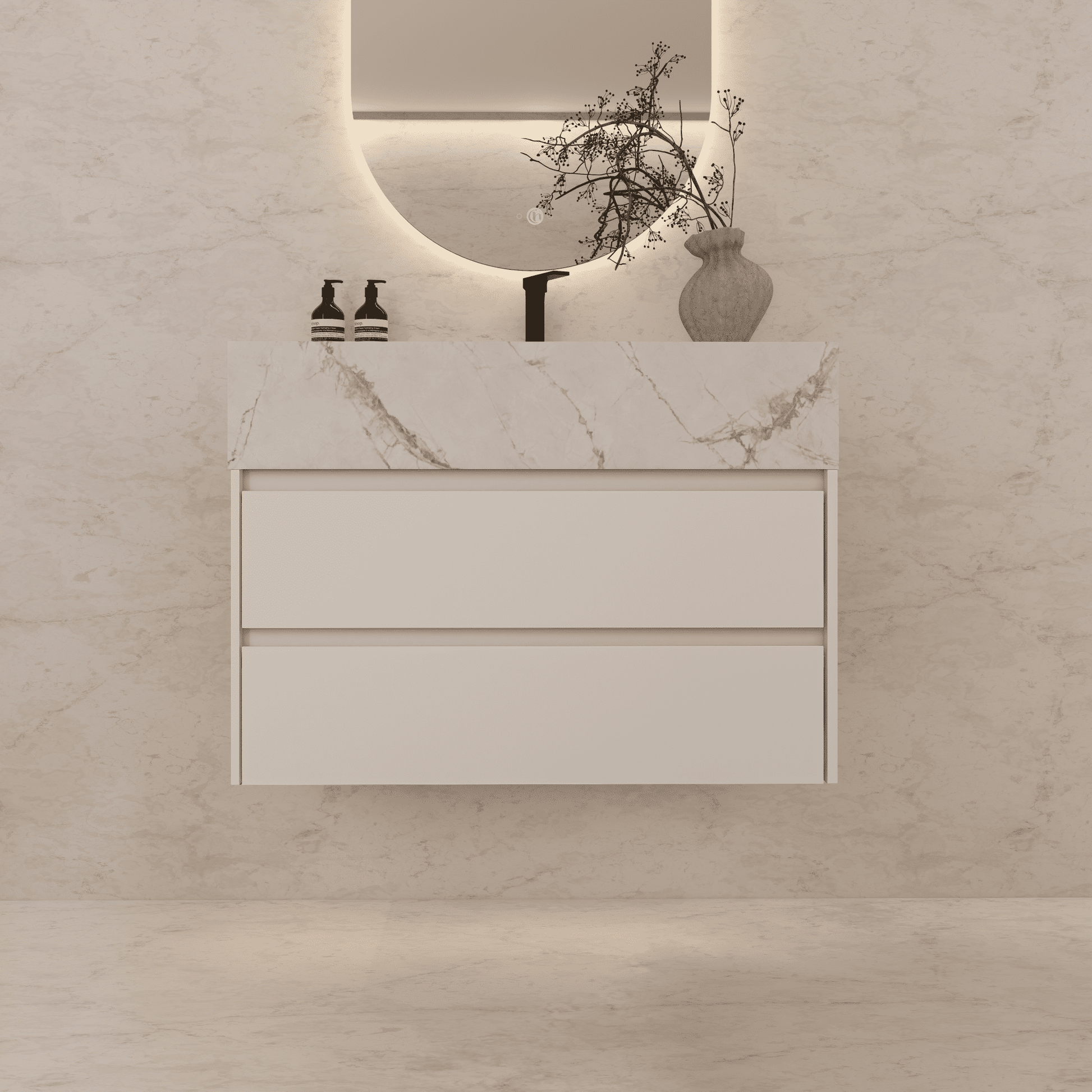 32", 36", 40" Sintered Stone Top with Light Oak Floating Bathroom Vanity - VanityIce Grey