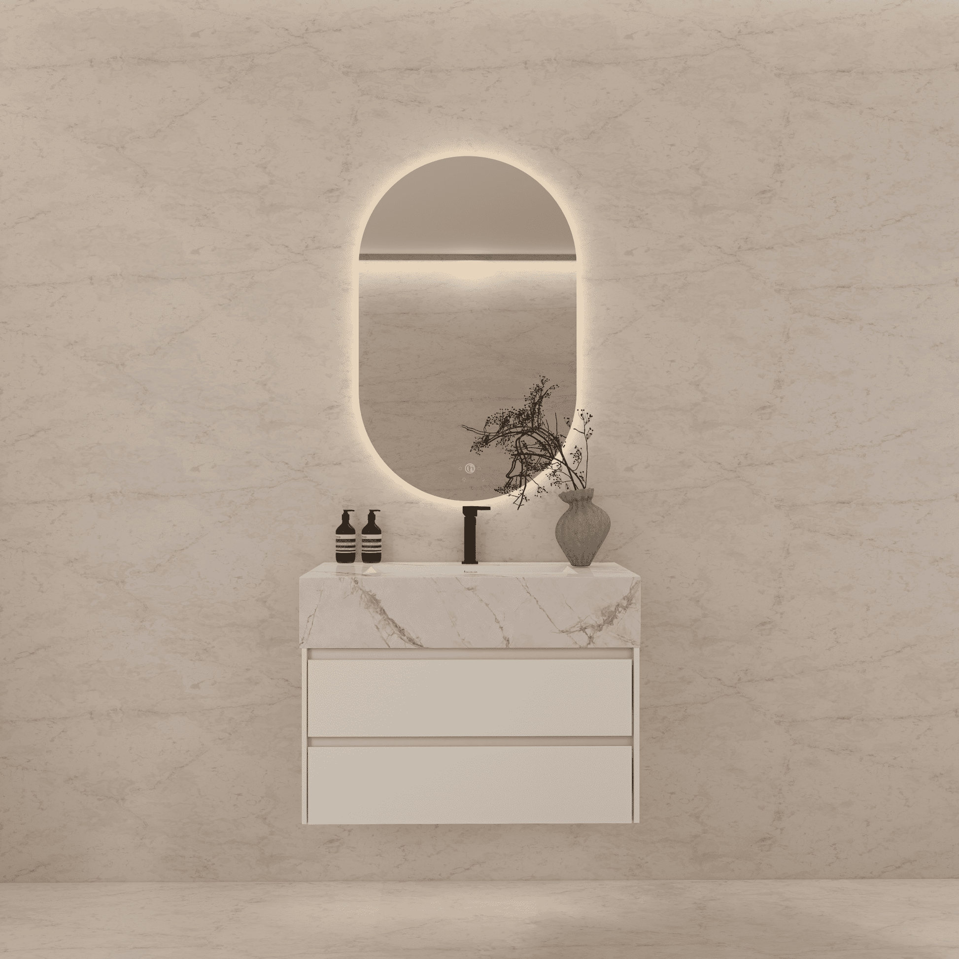 32", 36", 40" Sintered Stone Top with Light Oak Floating Bathroom Vanity - VanityIce Grey