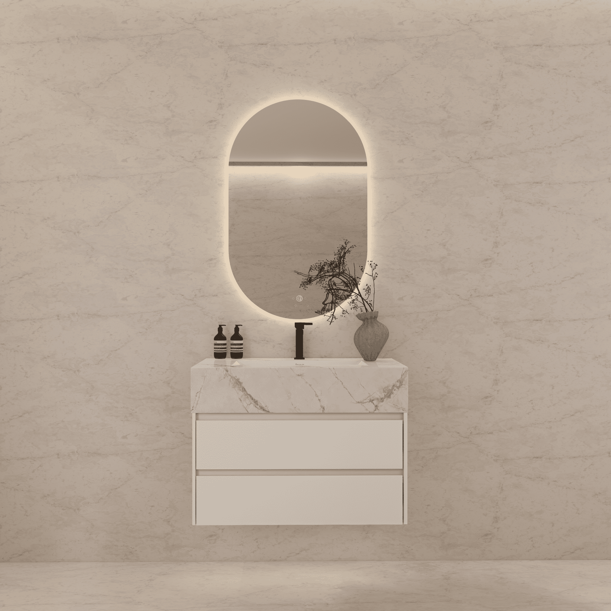 32", 36", 40" Sintered Stone Top with Light Oak Floating Bathroom Vanity - VanityIce Grey