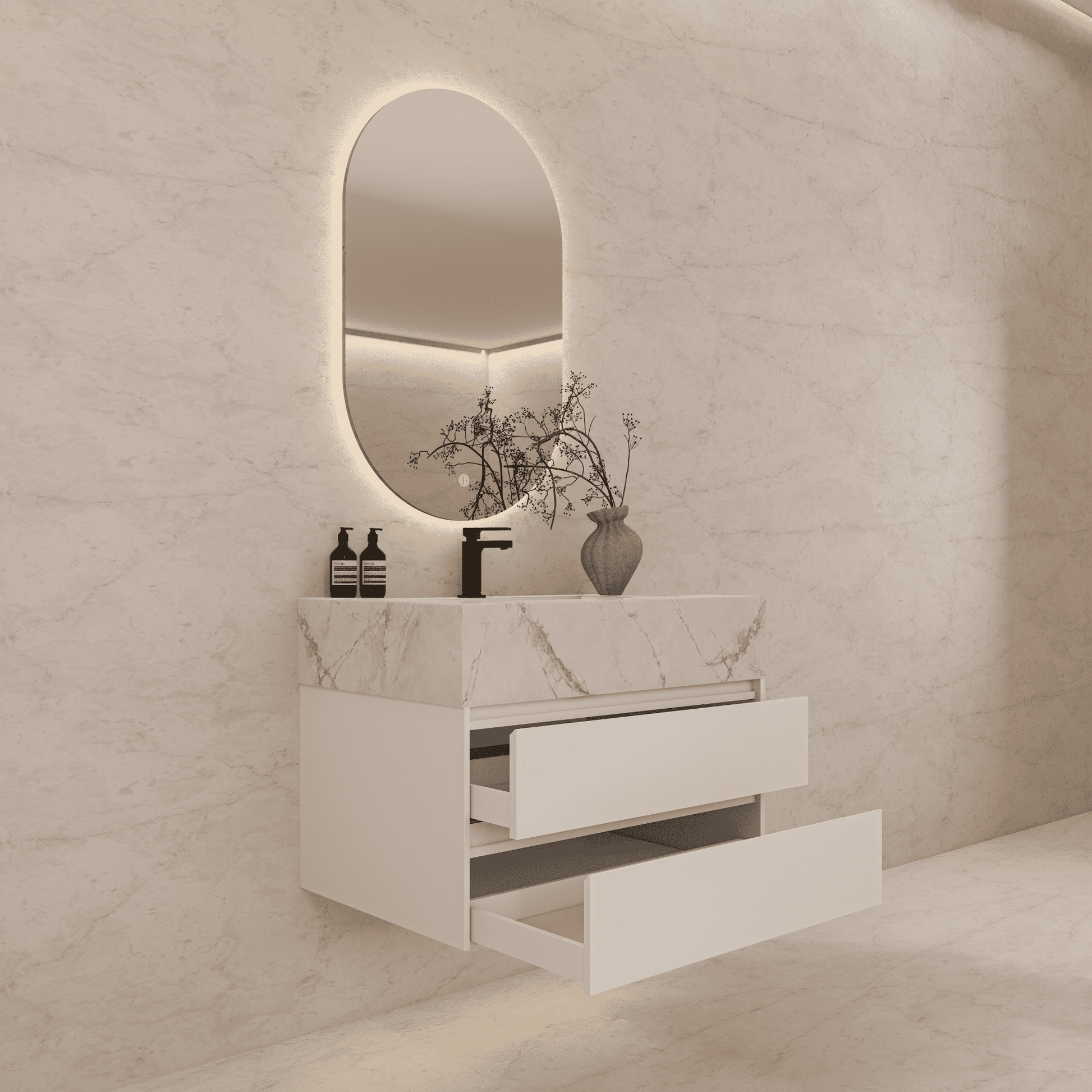 32", 36", 40" Sintered Stone Top with Light Oak Floating Bathroom Vanity - VanityIce Grey