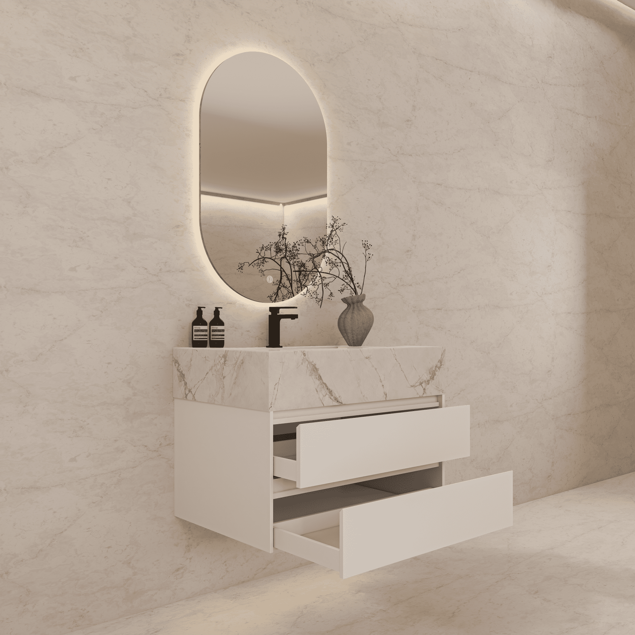 32", 36", 40" Sintered Stone Top with Light Oak Floating Bathroom Vanity - VanityIce Grey