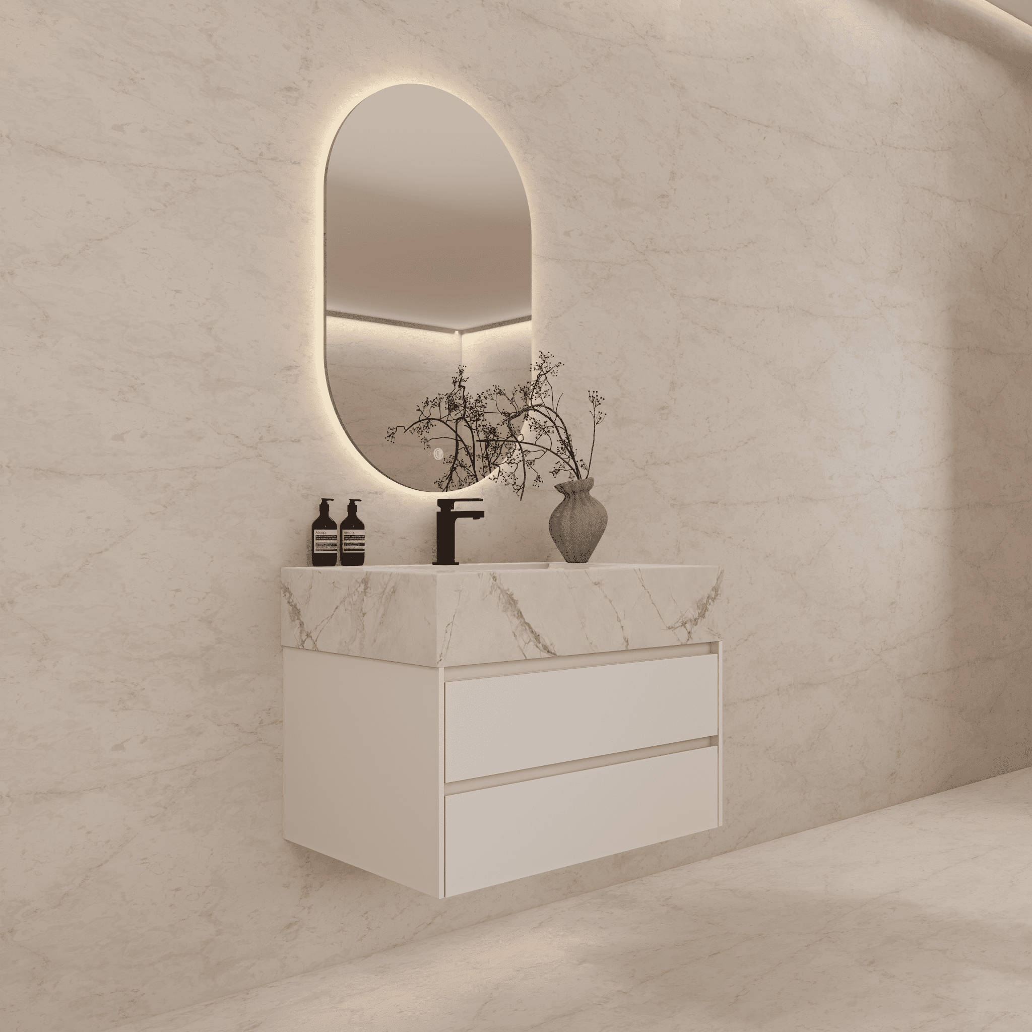 32", 36", 40" Sintered Stone Top with Light Oak Floating Bathroom Vanity - VanityIce Grey