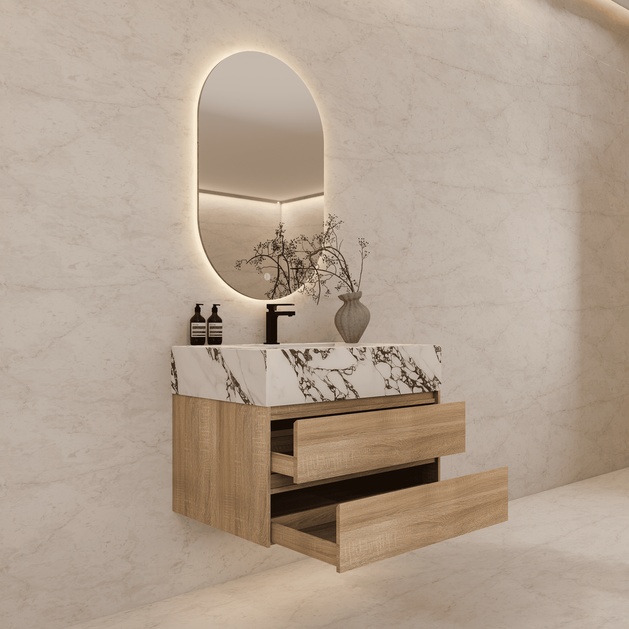 32", 36", 40" Sintered Stone Top with Light Oak Floating Bathroom Vanity - VanityWhite Carrara