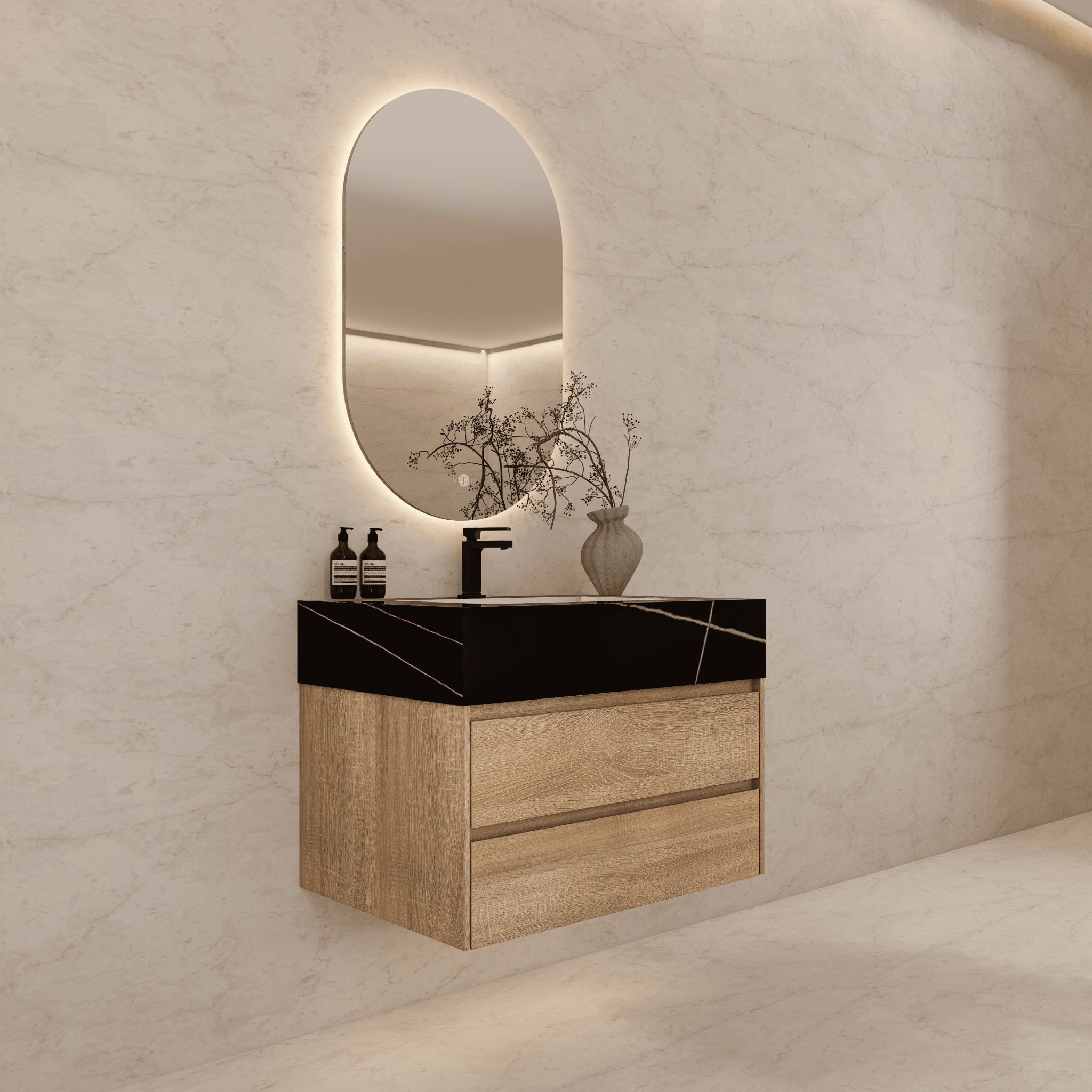 32", 36", 40" Sintered Stone Top with Light Oak Floating Bathroom Vanity - VanityWhite Carrara