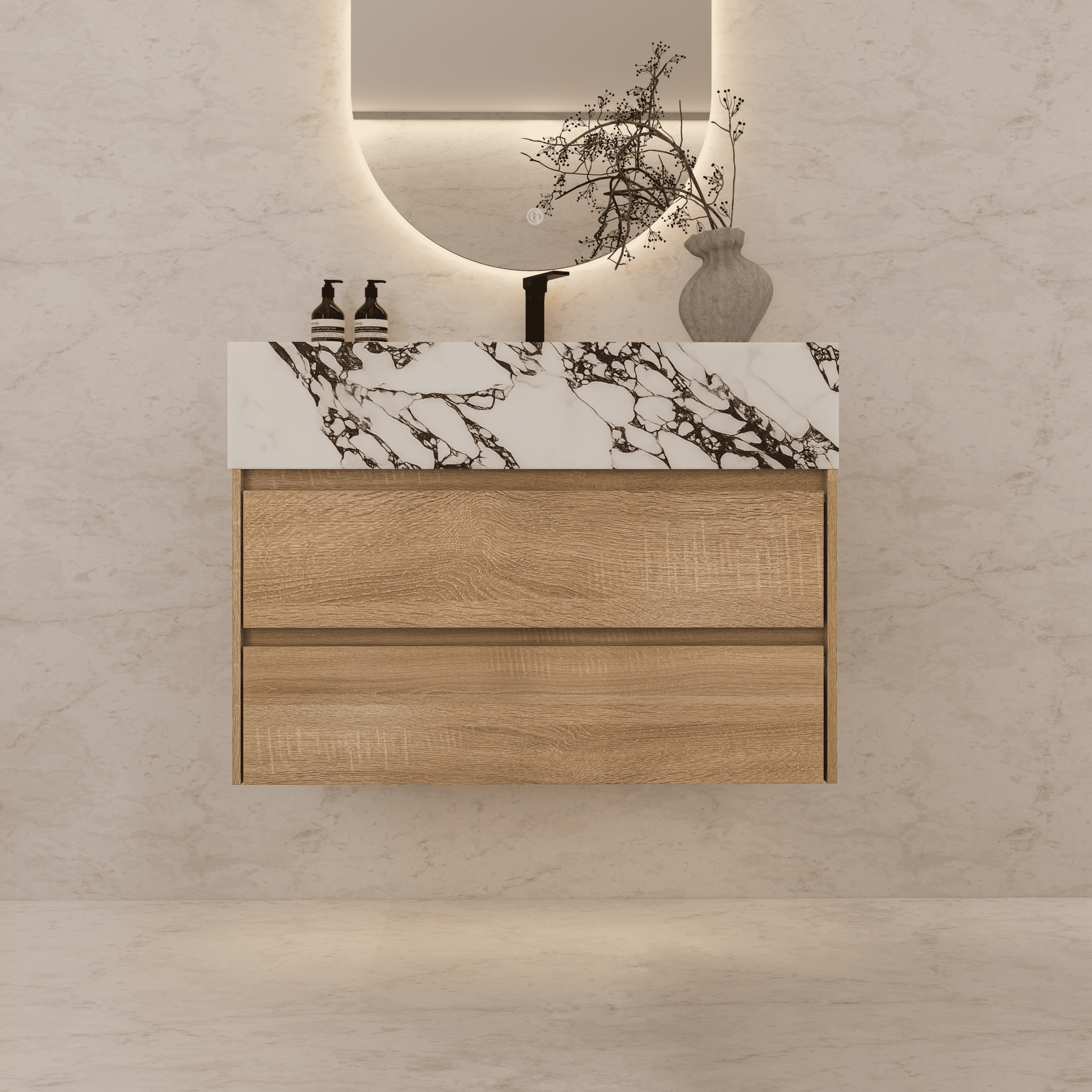 32", 36", 40" Sintered Stone Top with Light Oak Floating Bathroom Vanity - VanityWhite Carrara