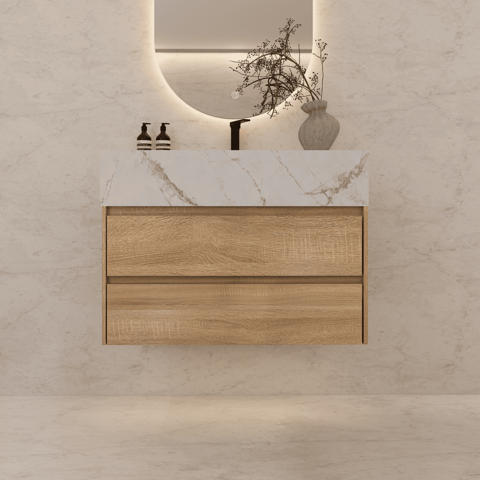 32", 36", 40" Sintered Stone Top with Light Oak Floating Bathroom Vanity - VanityWhite Carrara