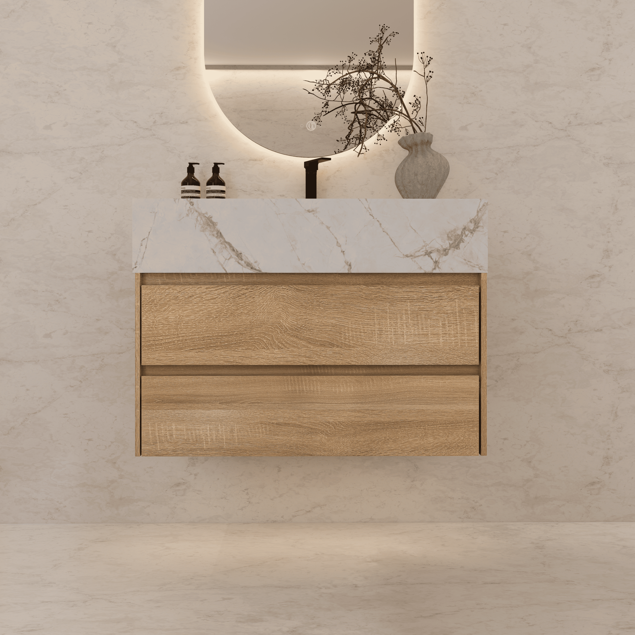32", 36", 40" Sintered Stone Top with Light Oak Floating Bathroom Vanity - VanityWhite Carrara