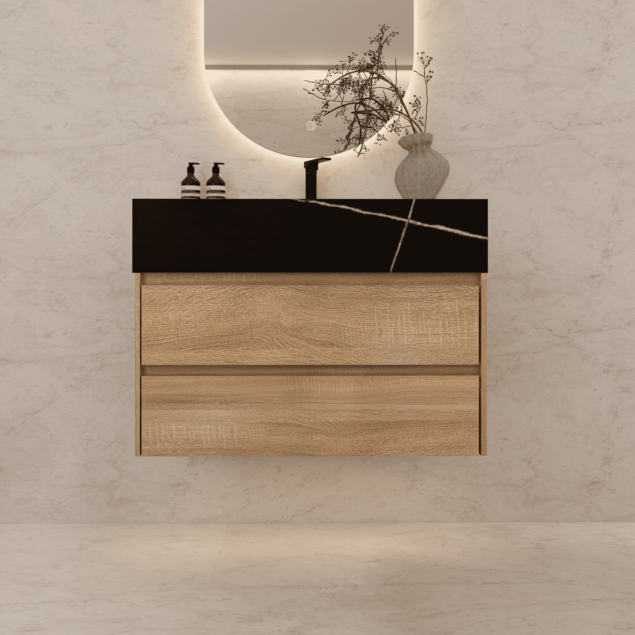 32", 36", 40" Sintered Stone Top with Light Oak Floating Bathroom Vanity - VanityWhite Carrara