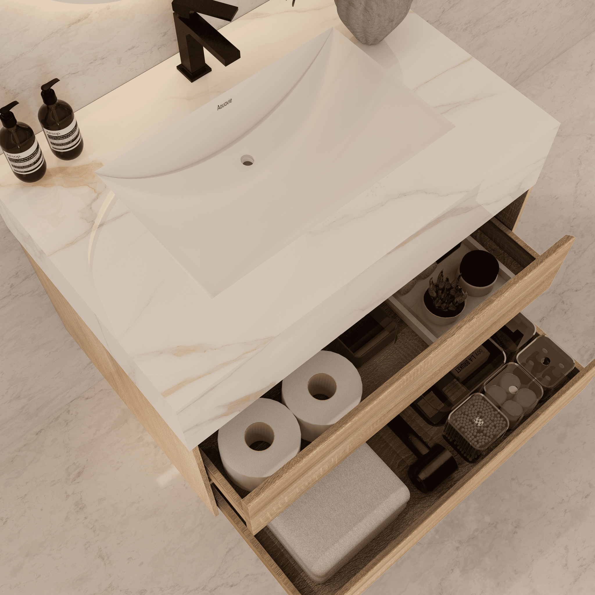 32", 36", 40" Sintered Stone Top with Light Oak Floating Bathroom Vanity - VanityWhite Carrara