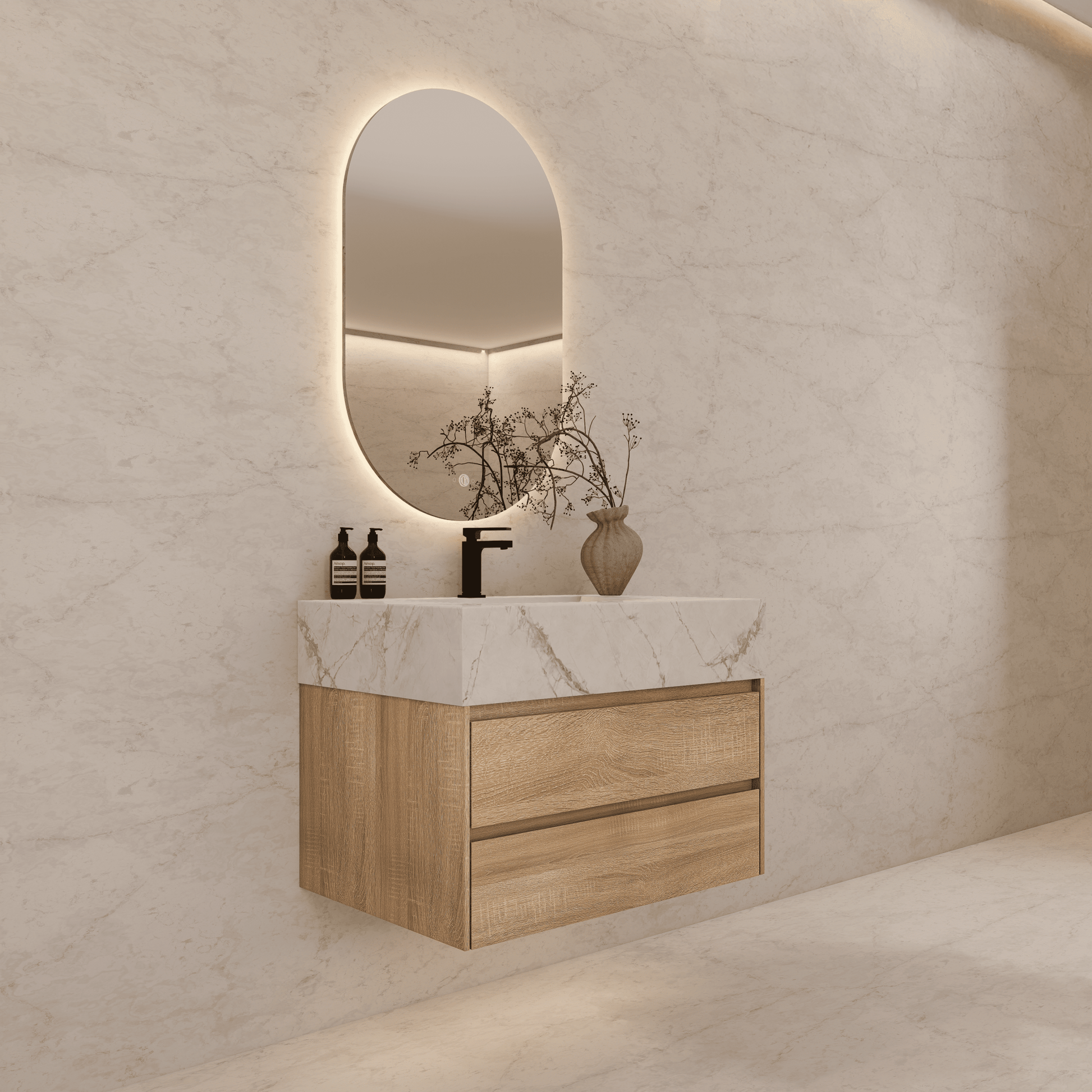 32", 36", 40" Sintered Stone Top with Light Oak Floating Bathroom Vanity - VanityWhite Carrara