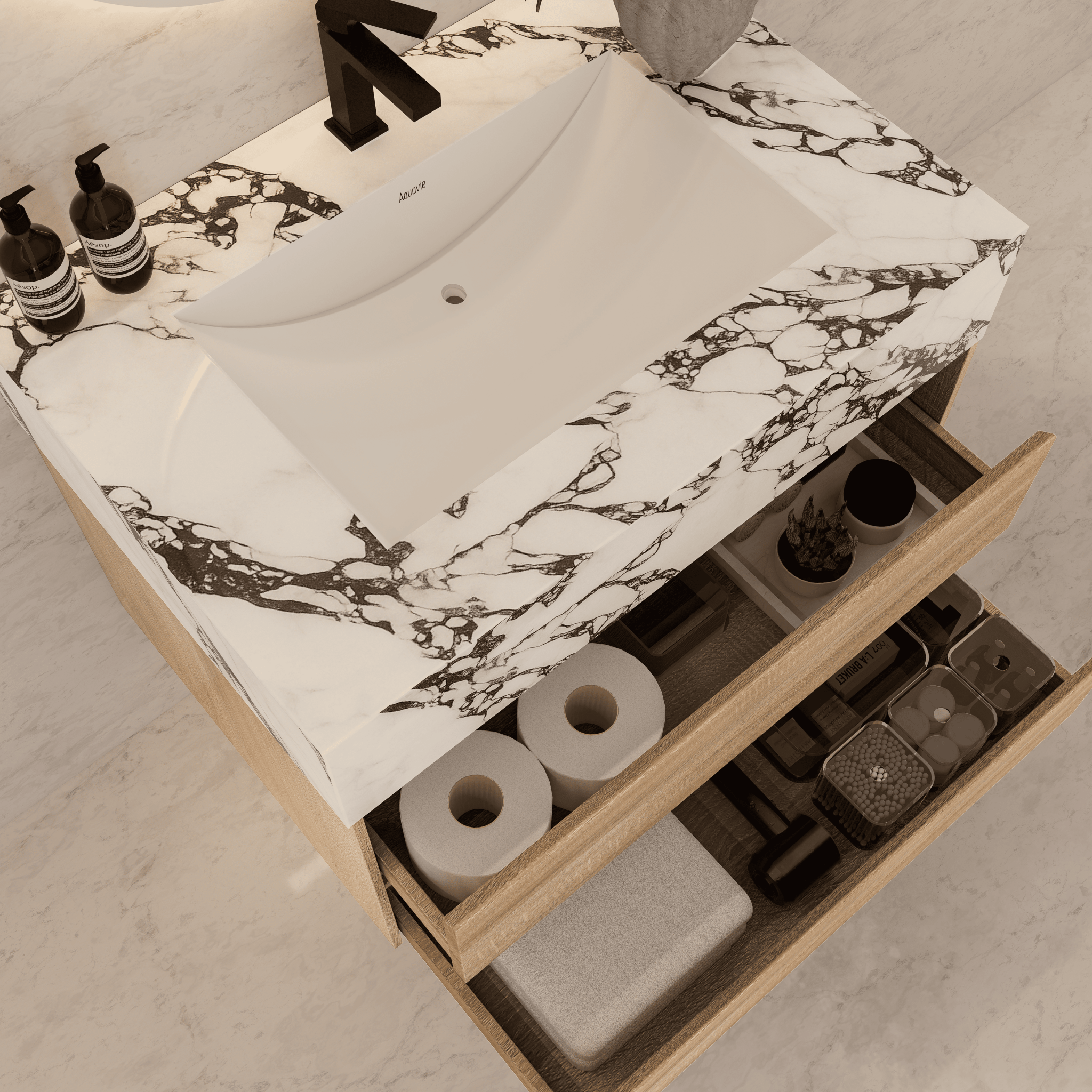 32", 36", 40" Sintered Stone Top with Light Oak Floating Bathroom Vanity - VanityWhite Carrara