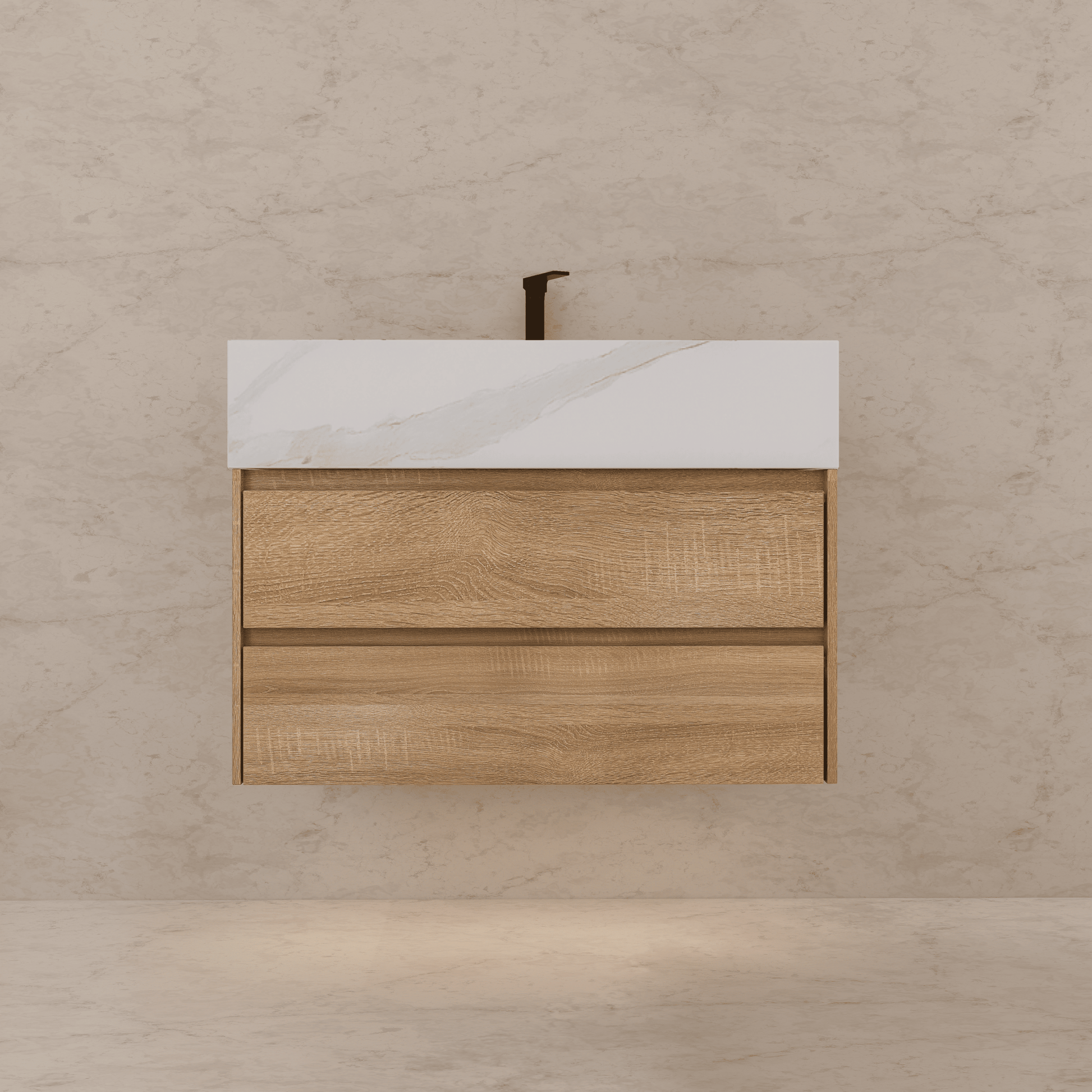 32", 36", 40" Sintered Stone Top with Light Oak Floating Bathroom Vanity - VanityWhite Carrara