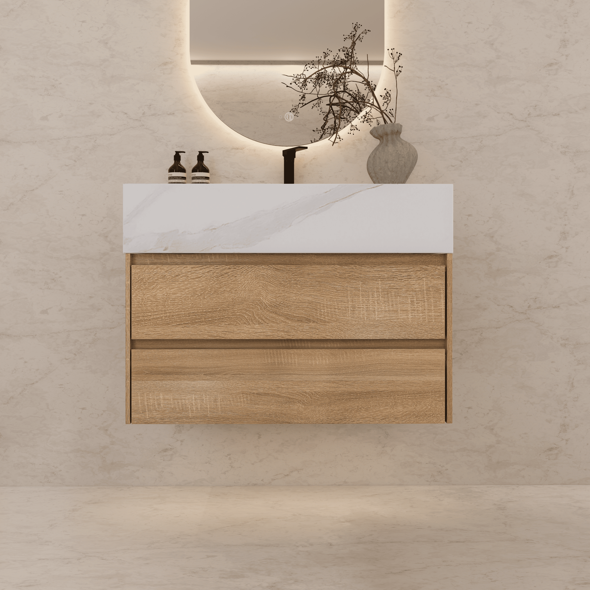 32", 36", 40" Sintered Stone Top with Light Oak Floating Bathroom Vanity - VanityWhite Carrara