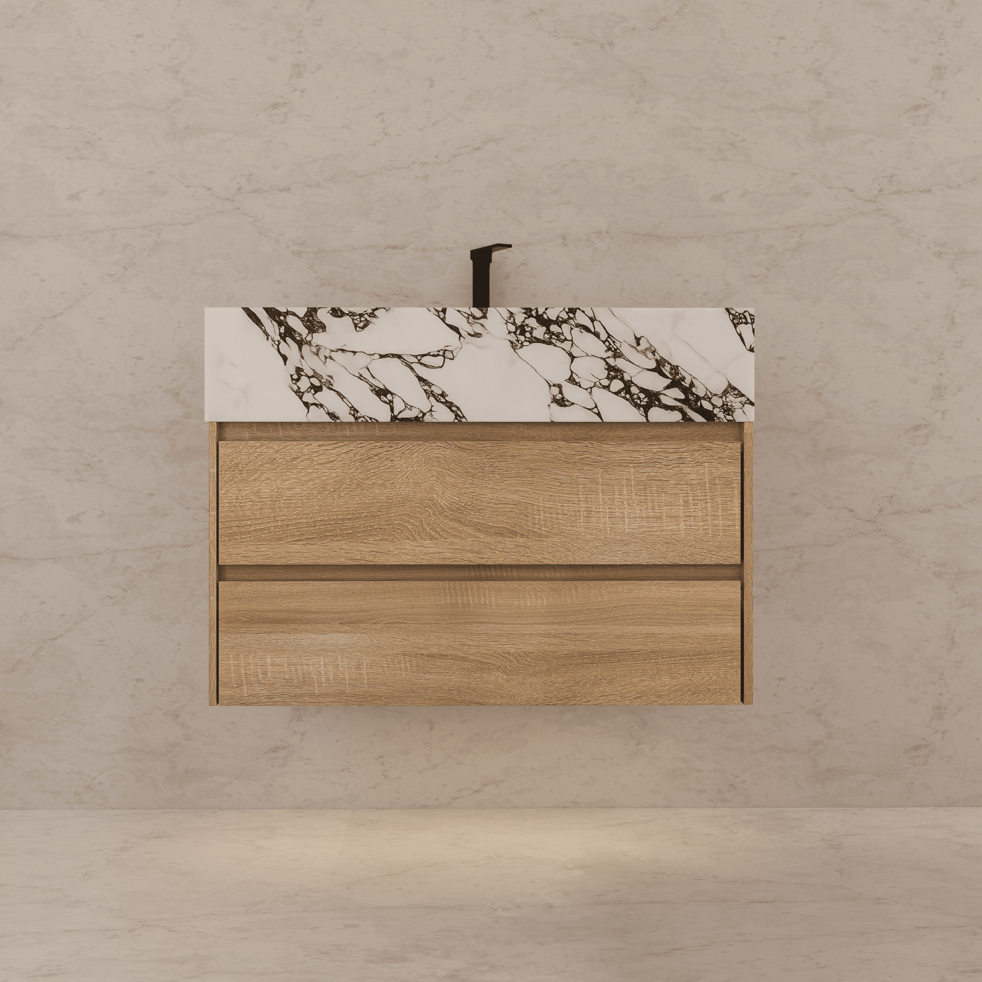 32", 36", 40" Sintered Stone Top with Light Oak Floating Bathroom Vanity - VanityWhite Carrara