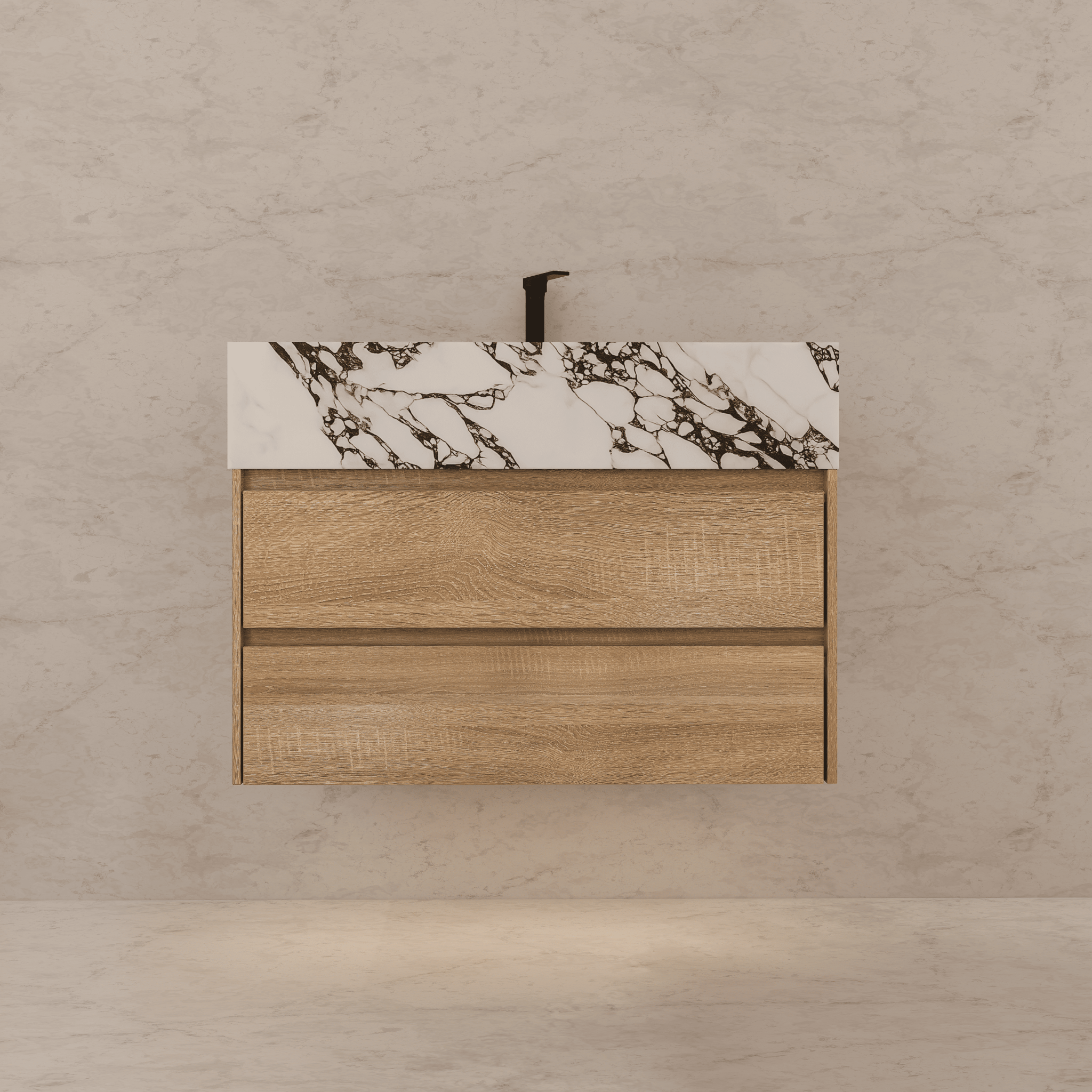 32", 36", 40" Sintered Stone Top with Light Oak Floating Bathroom Vanity - VanityWhite Carrara