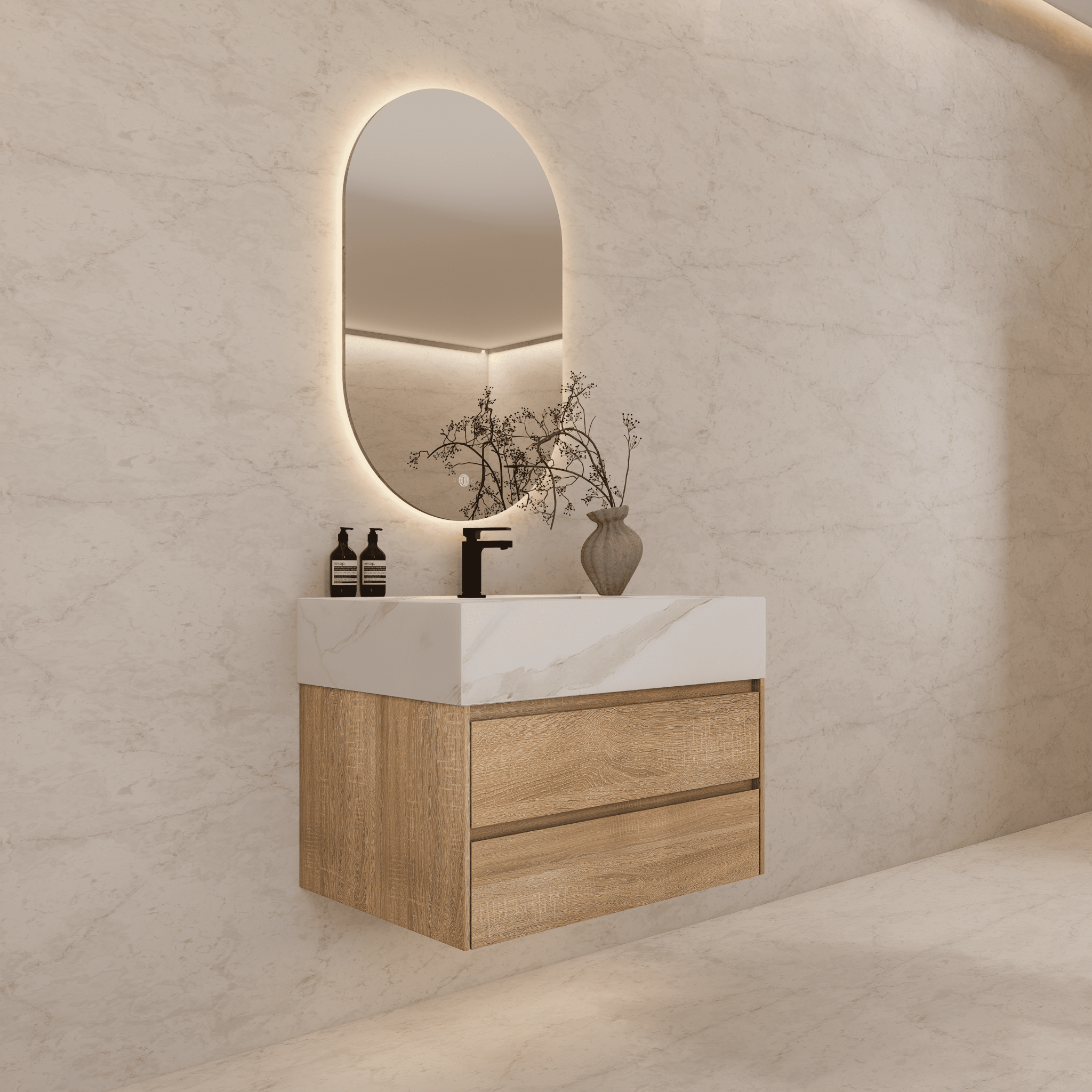 32", 36", 40" Sintered Stone Top with Light Oak Floating Bathroom Vanity - VanityWhite Carrara