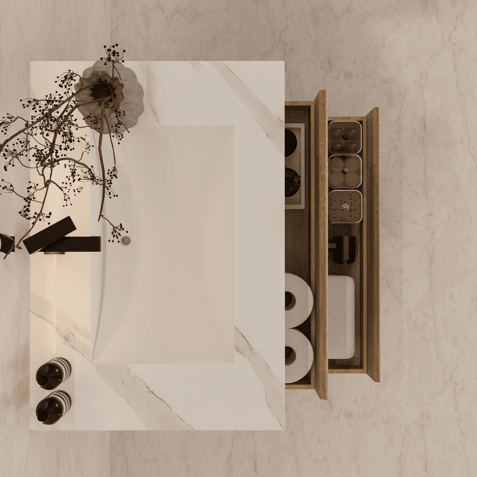 32", 36", 40" Sintered Stone Top with Light Oak Floating Bathroom Vanity - VanityWhite Carrara