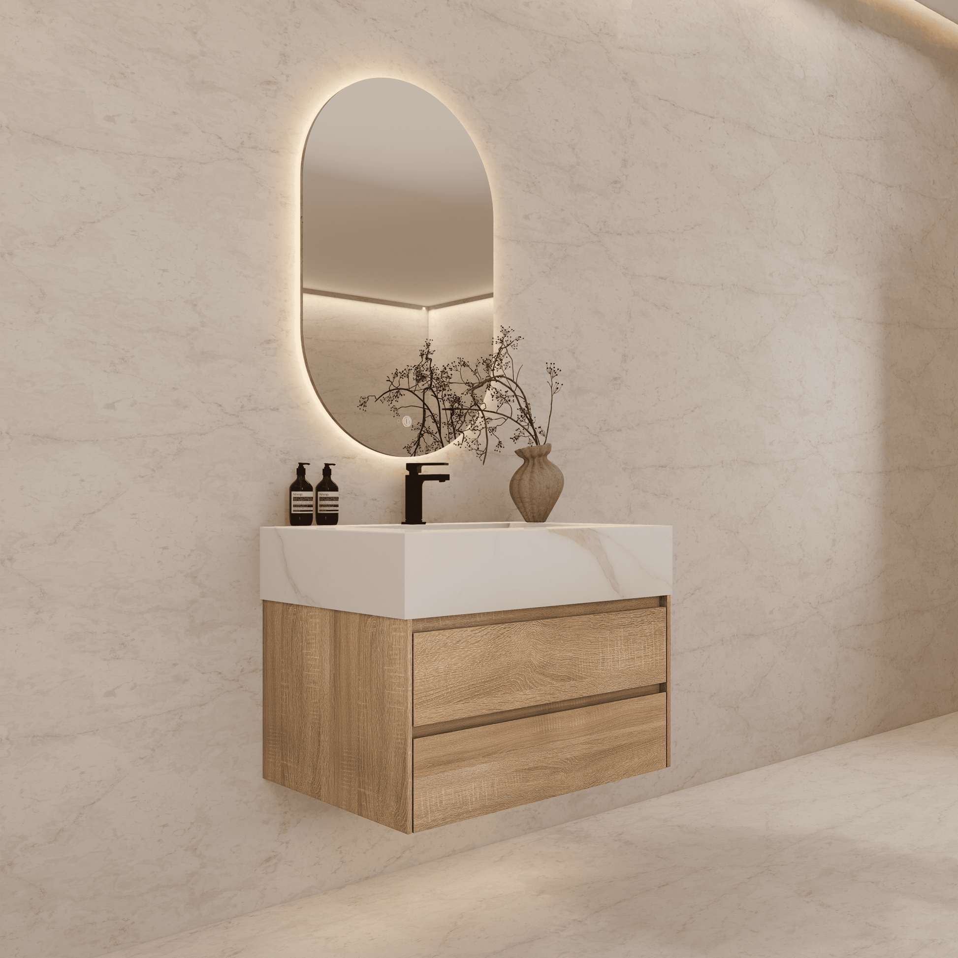32", 36", 40" Sintered Stone Top with Light Oak Floating Bathroom Vanity - VanityWhite Carrara