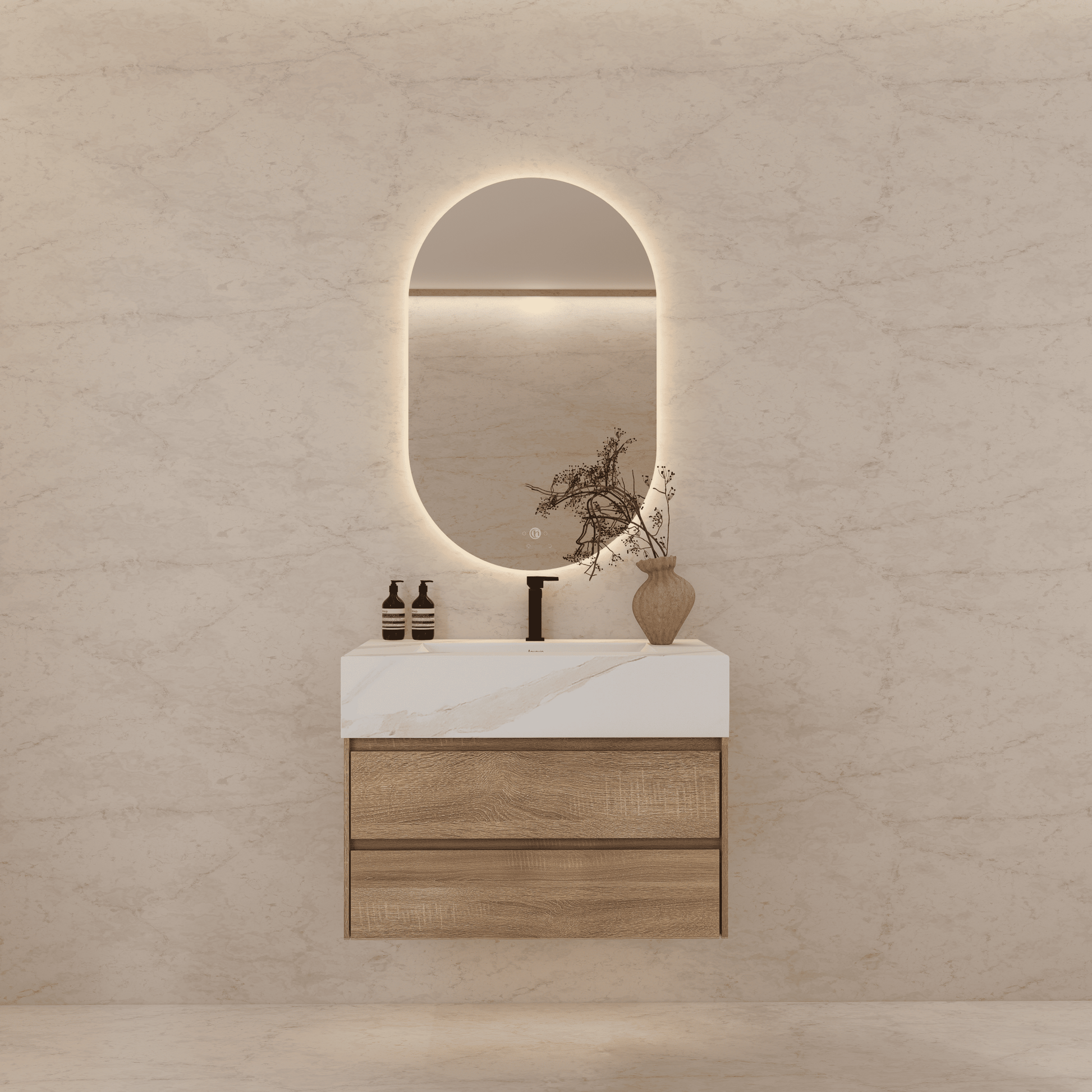 32", 36", 40" Sintered Stone Top with Light Oak Floating Bathroom Vanity - VanityWhite Carrara