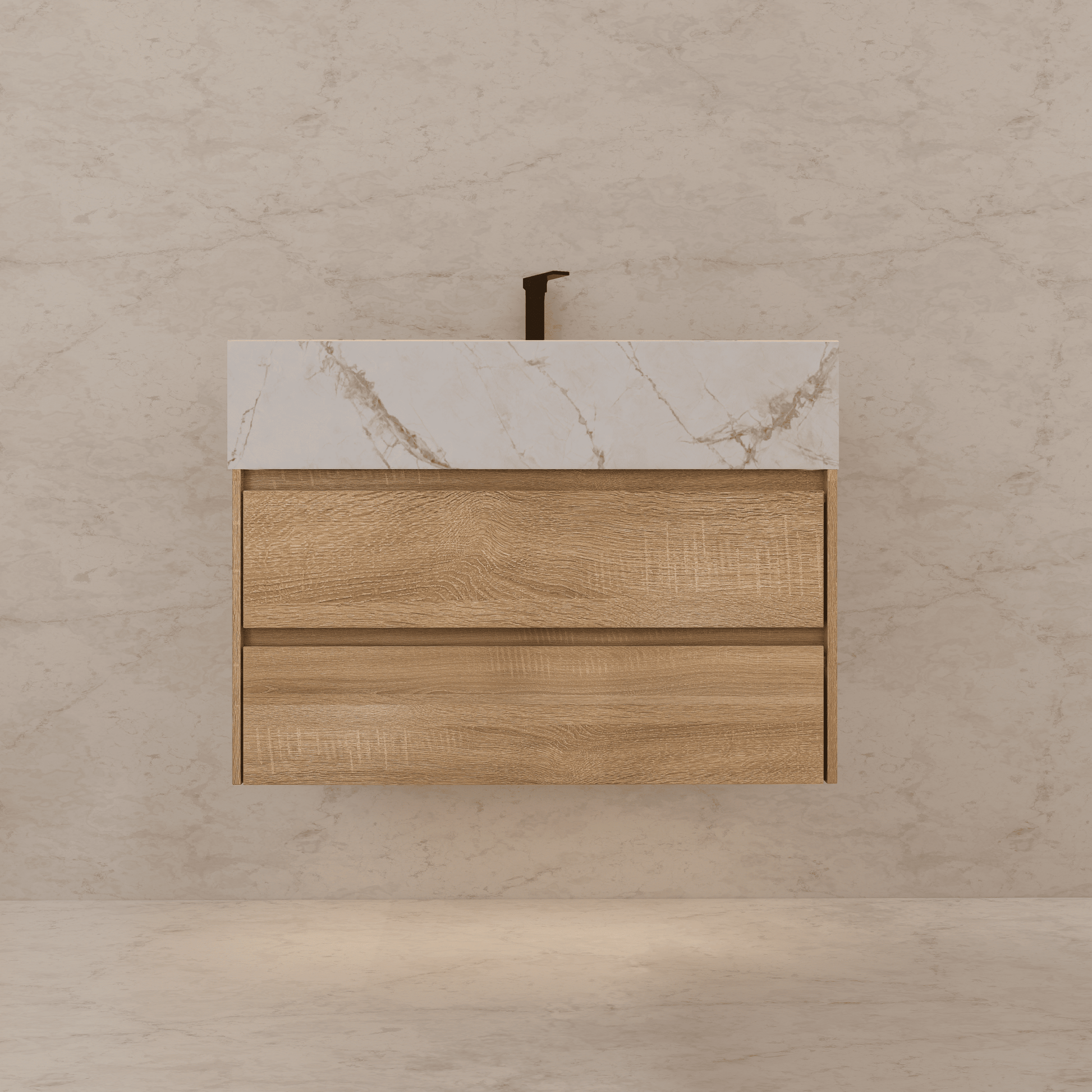 32", 36", 40" Sintered Stone Top with Light Oak Floating Bathroom Vanity - VanityWhite Carrara