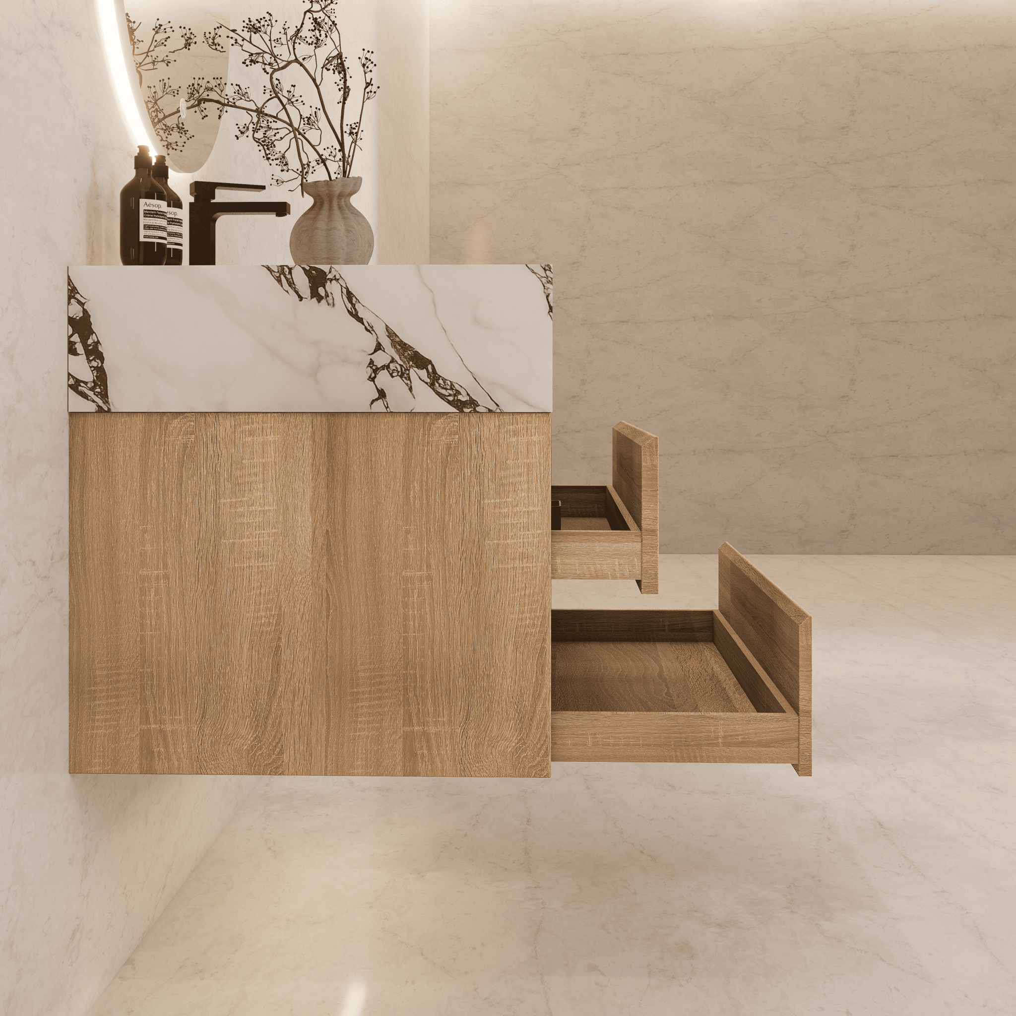 32", 36", 40" Sintered Stone Top with Light Oak Floating Bathroom Vanity - VanityWhite Carrara