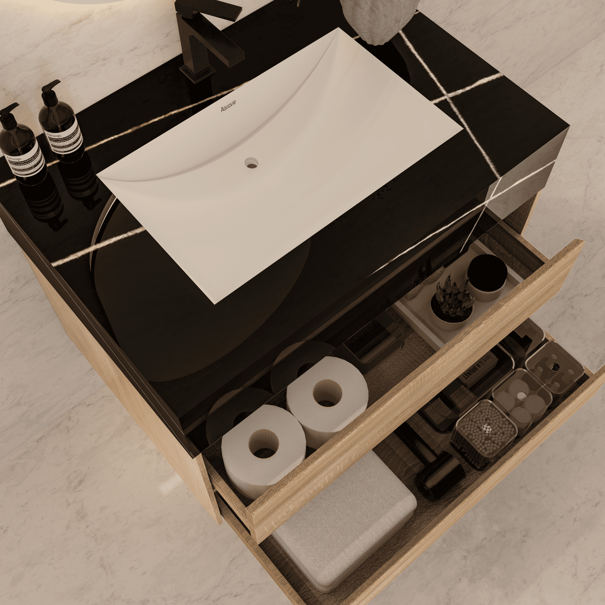 32", 36", 40" Sintered Stone Top with Light Oak Floating Bathroom Vanity - VanityWhite Carrara