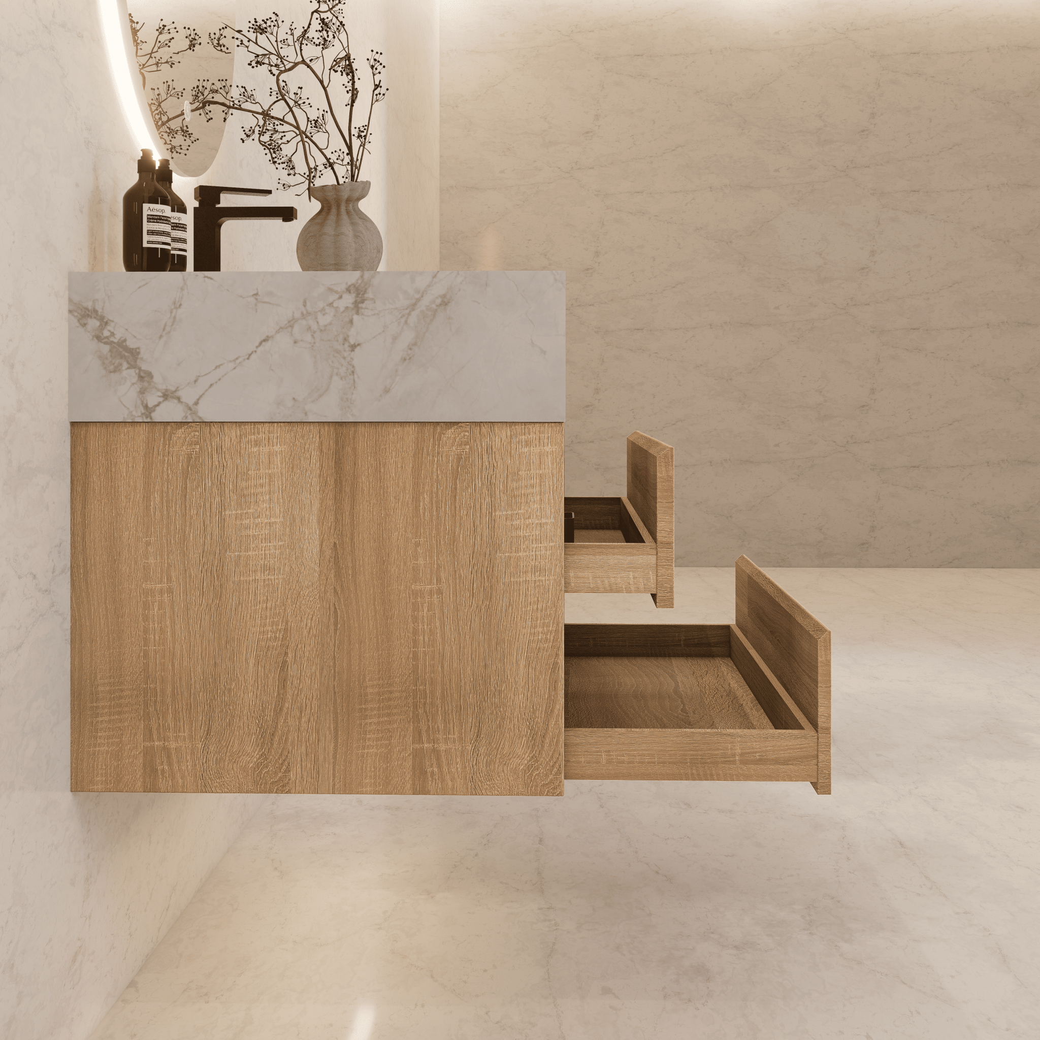 32", 36", 40" Sintered Stone Top with Light Oak Floating Bathroom Vanity - VanityWhite Carrara