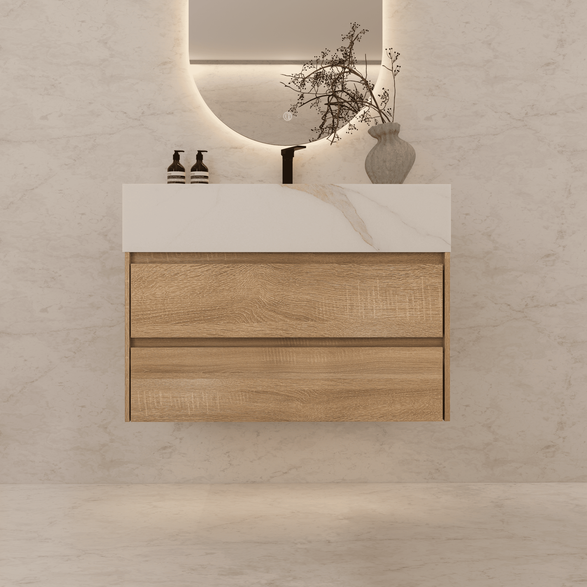 32", 36", 40" Sintered Stone Top with Light Oak Floating Bathroom Vanity - VanityWhite Carrara