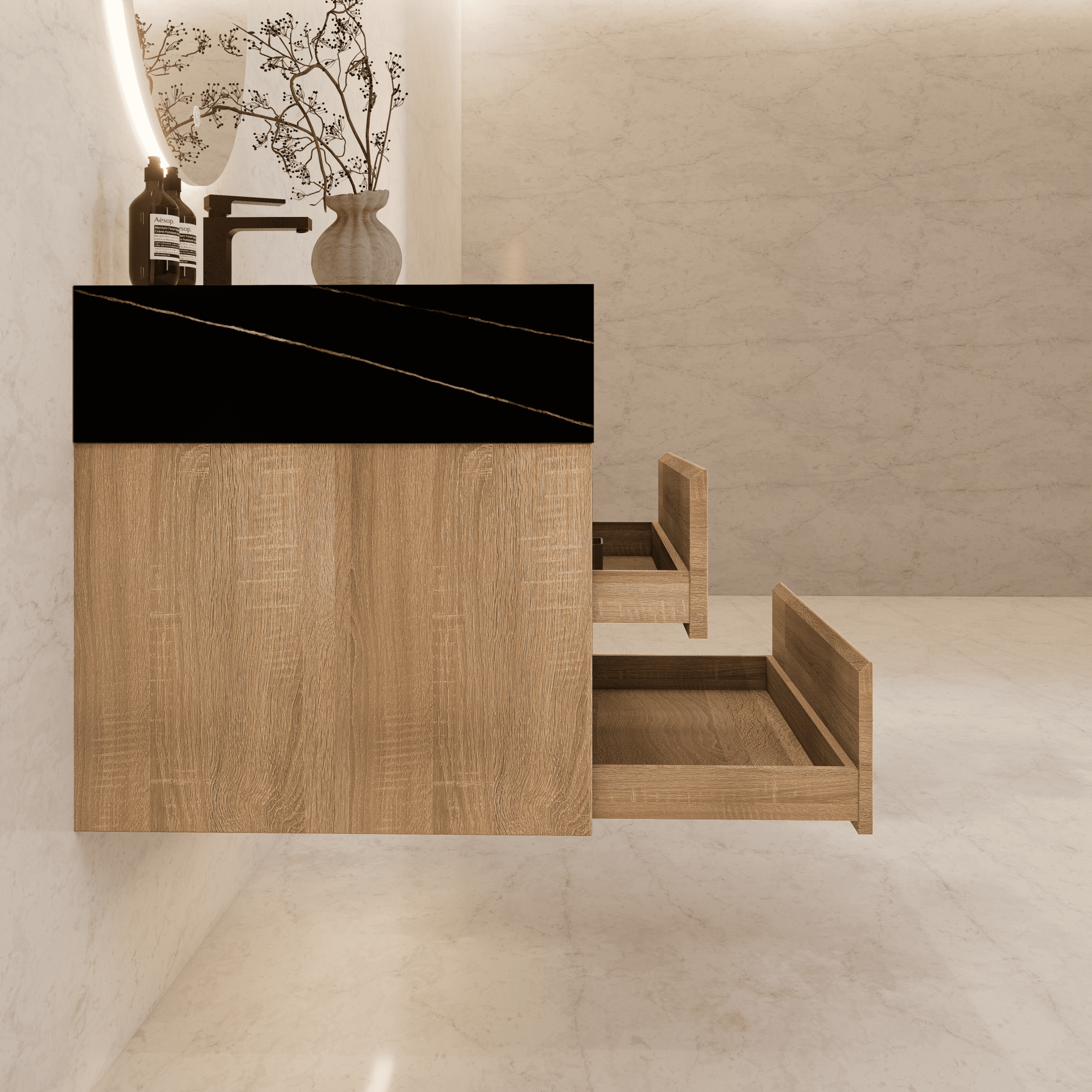 32", 36", 40" Sintered Stone Top with Light Oak Floating Bathroom Vanity - VanityWhite Carrara