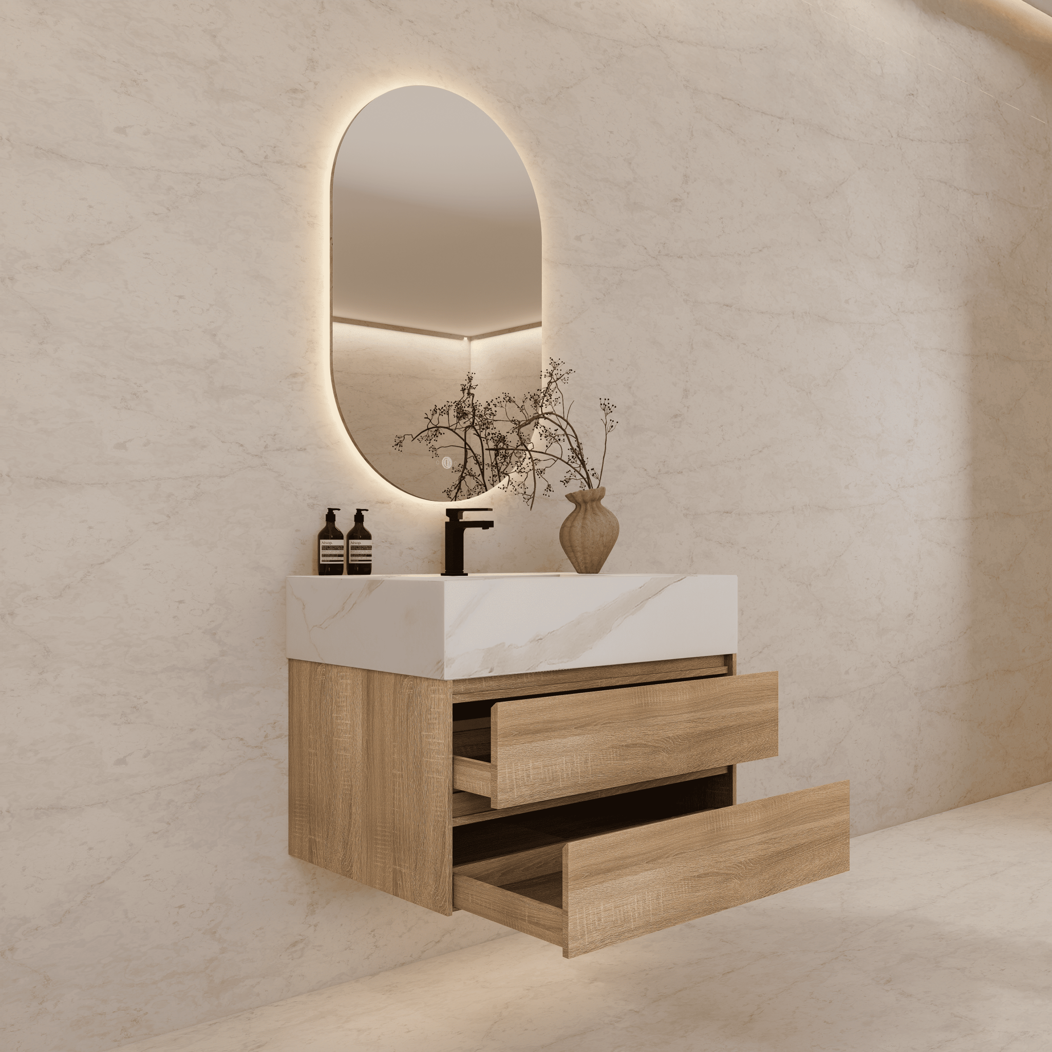 32", 36", 40" Sintered Stone Top with Light Oak Floating Bathroom Vanity - VanityWhite Carrara