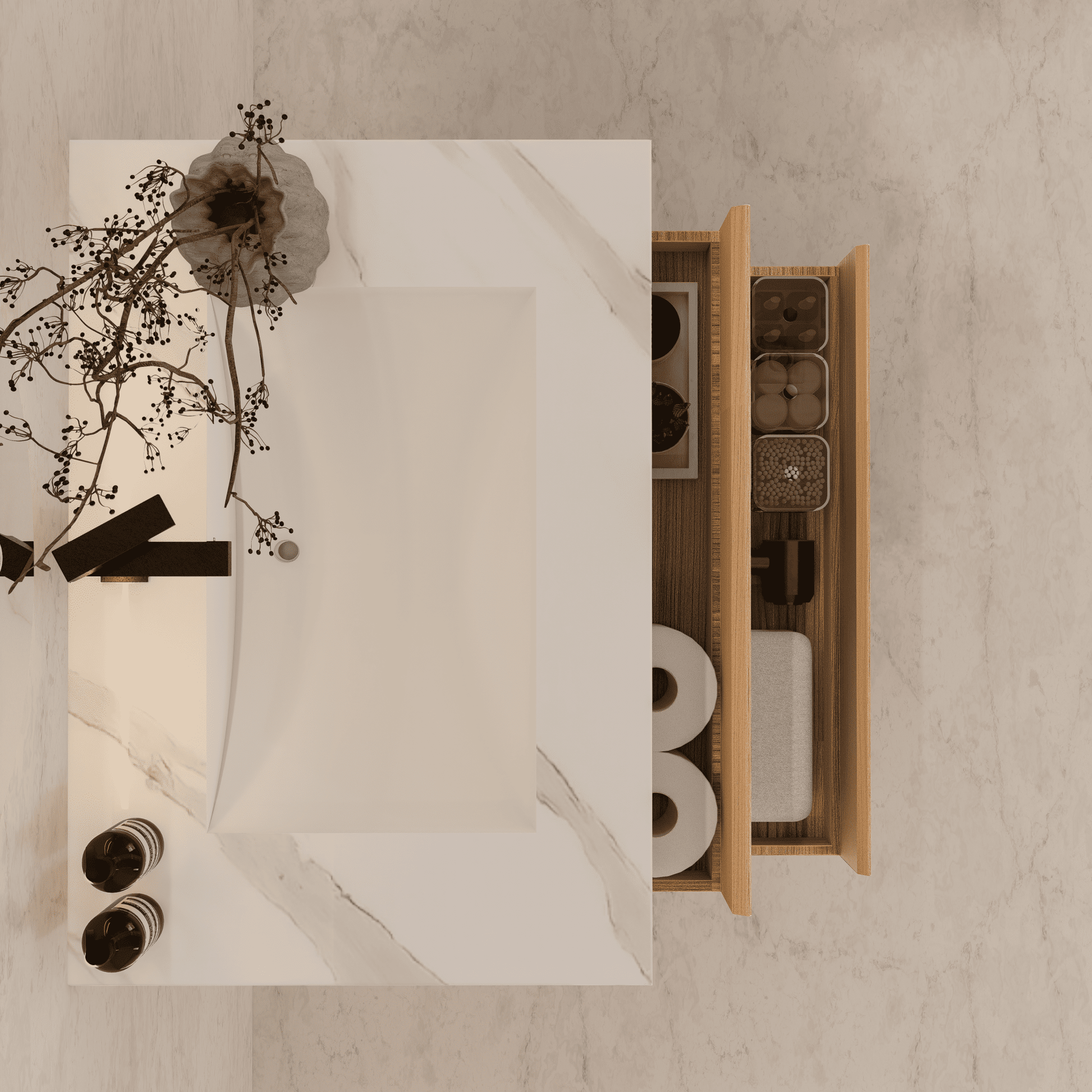 32", 36", 40" Sintered Stone Top with Light Oak Floating Bathroom Vanity - VanityWhite Carrara