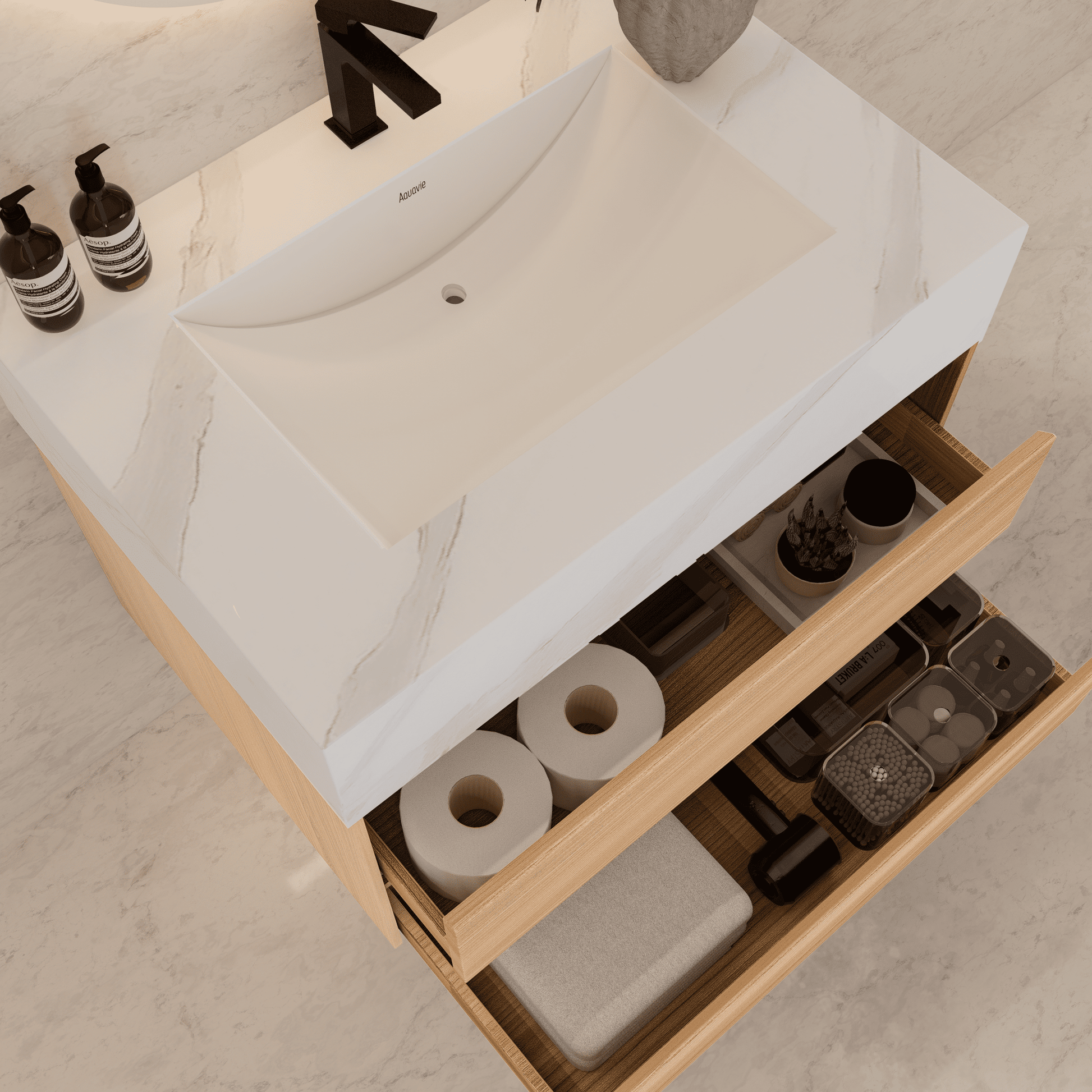 32", 36", 40" Sintered Stone Top with Light Oak Floating Bathroom Vanity - VanityWhite Carrara