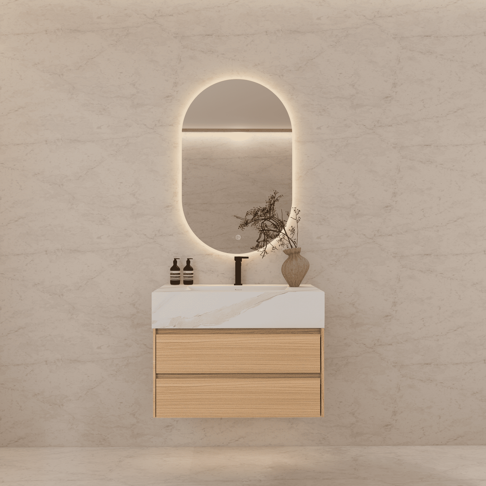 32", 36", 40" Sintered Stone Top with Light Oak Floating Bathroom Vanity - VanityWhite Carrara