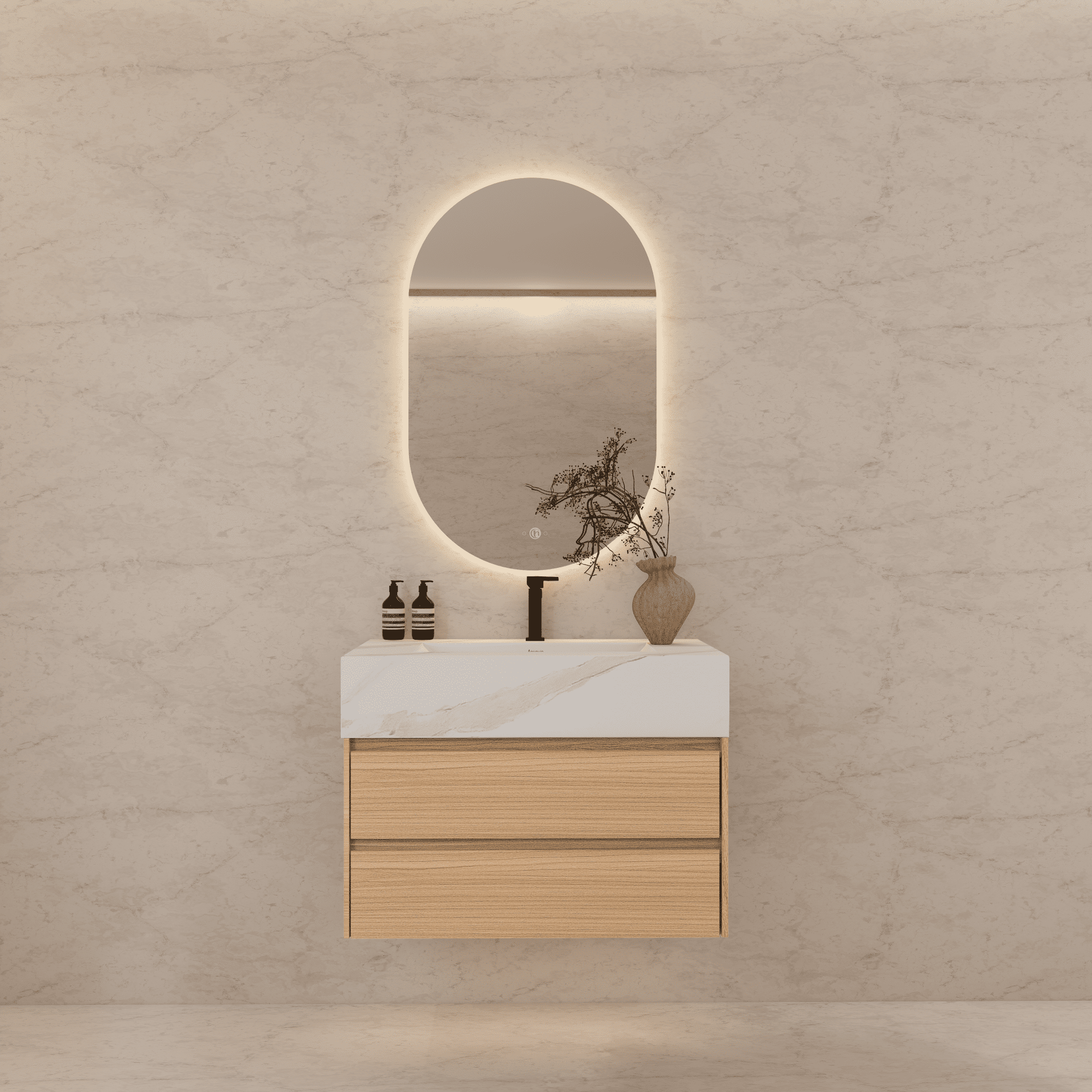 32", 36", 40" Sintered Stone Top with Light Oak Floating Bathroom Vanity - VanityWhite Carrara