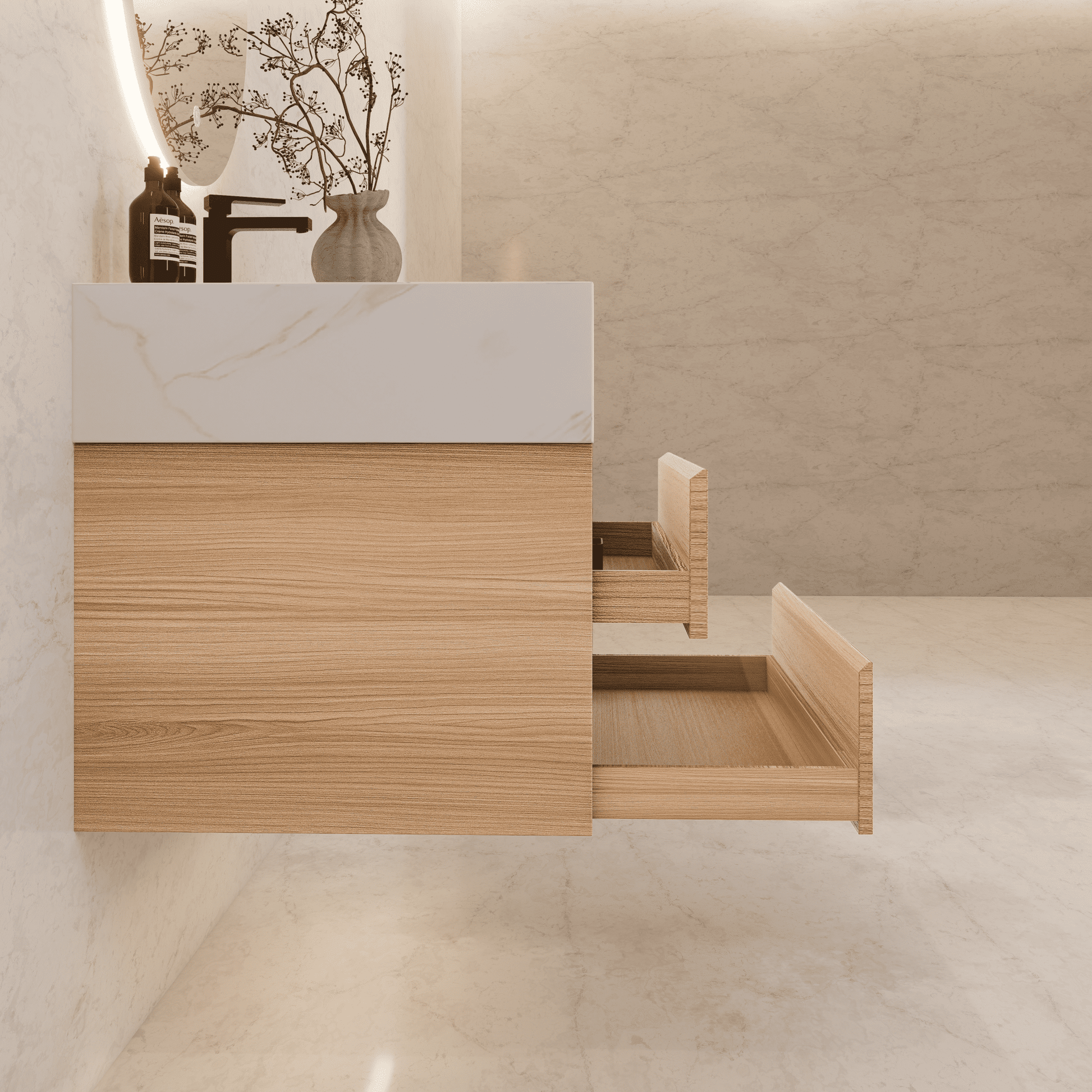 32", 36", 40" Sintered Stone Top with Light Oak Floating Bathroom Vanity - VanityWhite Carrara