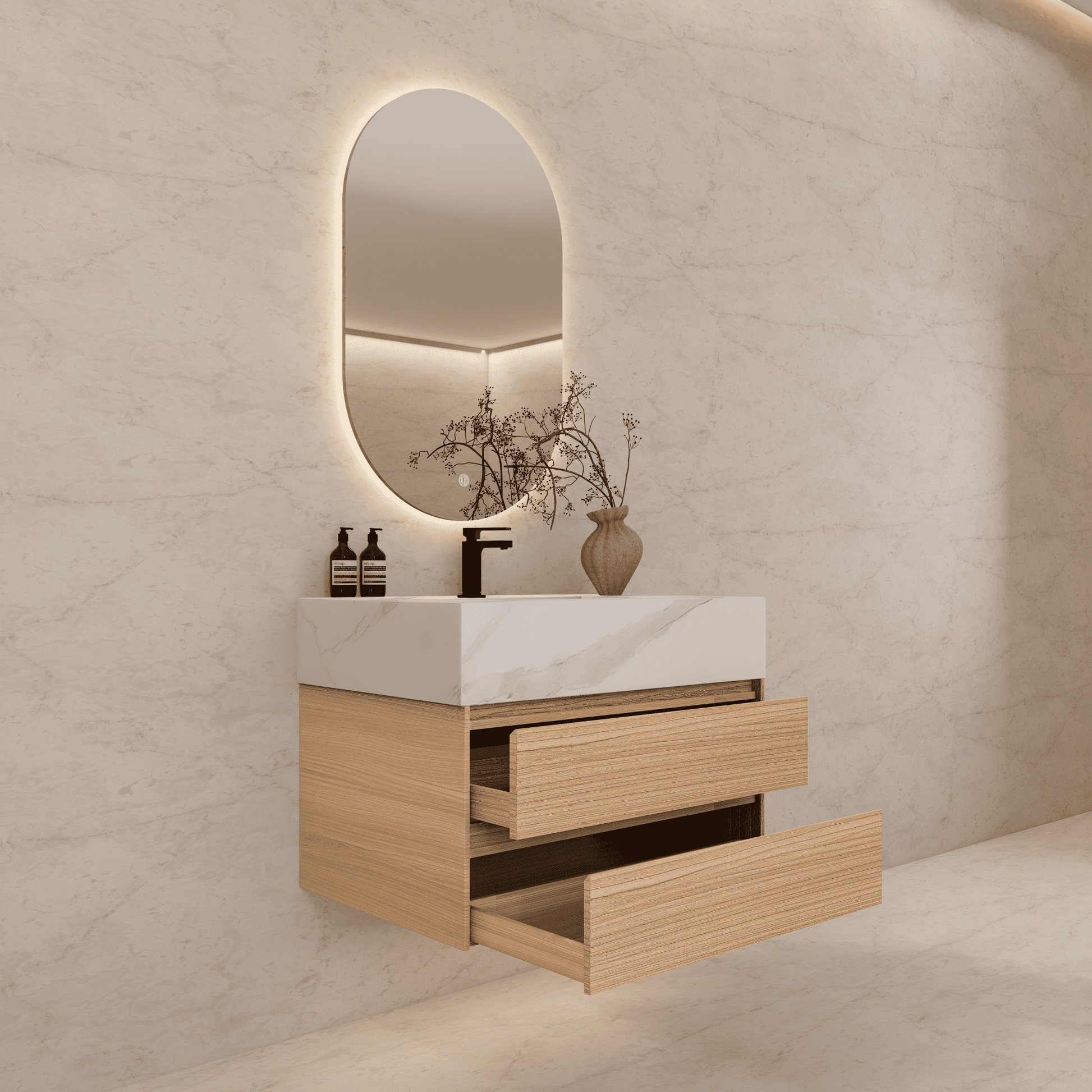 32", 36", 40" Sintered Stone Top with Light Oak Floating Bathroom Vanity - VanityWhite Carrara