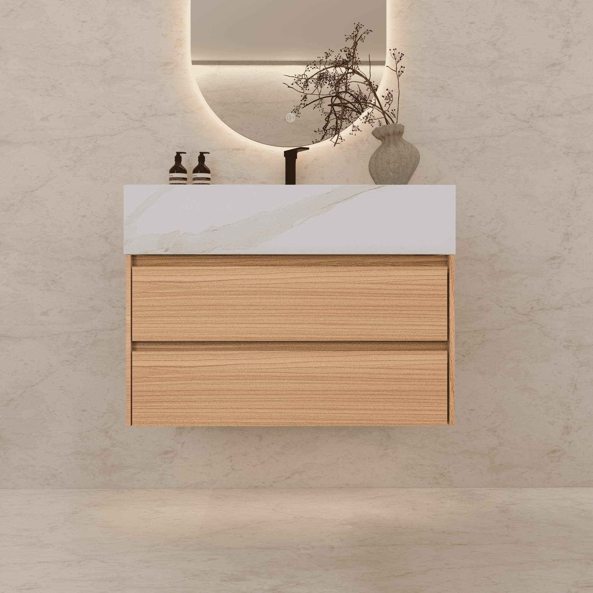 32", 36", 40" Sintered Stone Top with Light Oak Floating Bathroom Vanity - VanityWhite Carrara
