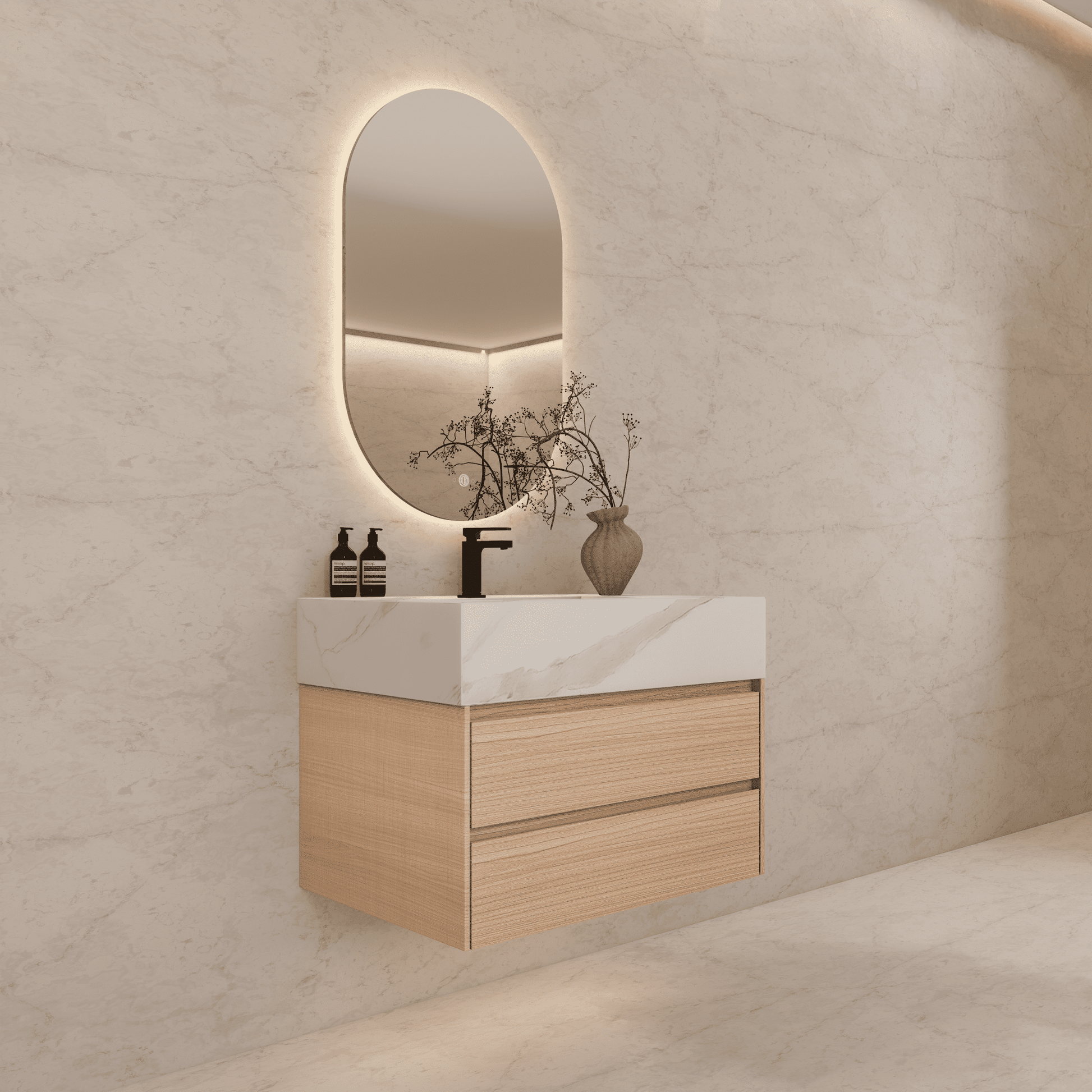 32", 36", 40" Sintered Stone Top with Light Oak Floating Bathroom Vanity - VanityWhite Carrara