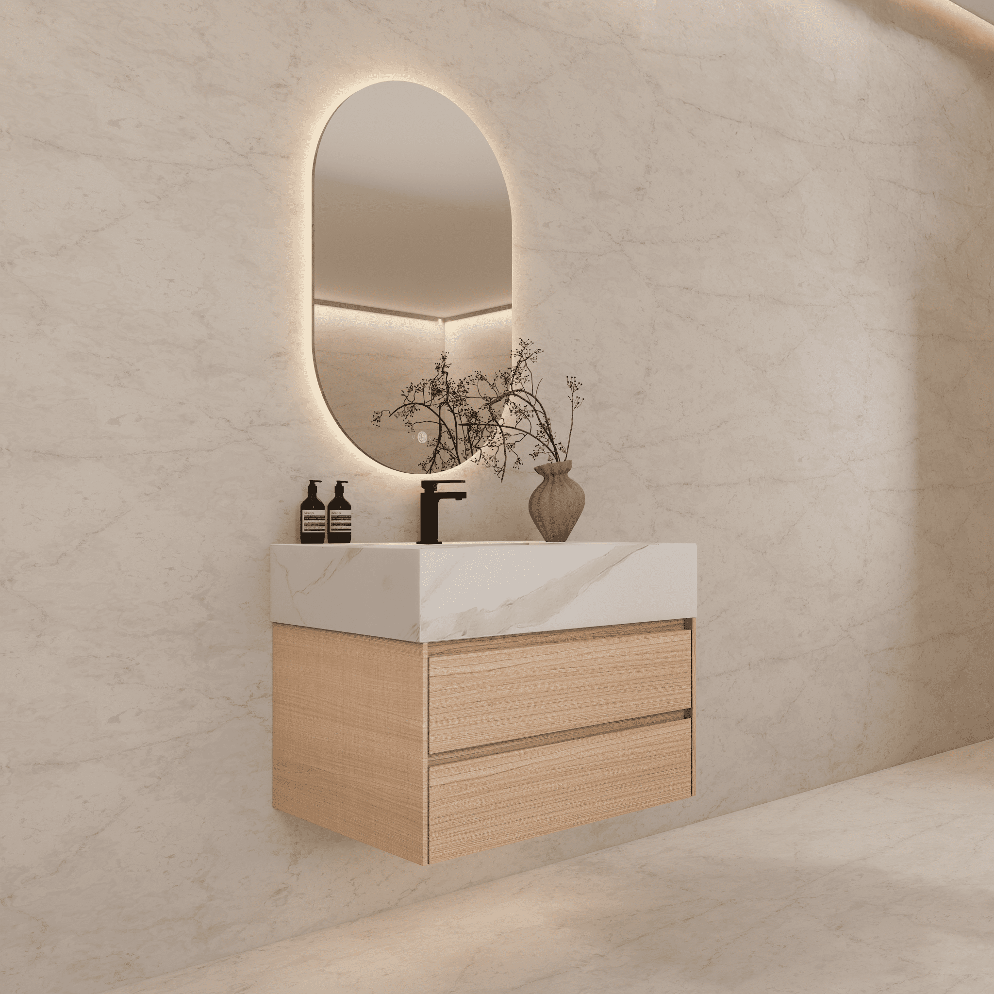 32", 36", 40" Sintered Stone Top with Light Oak Floating Bathroom Vanity - VanityWhite Carrara