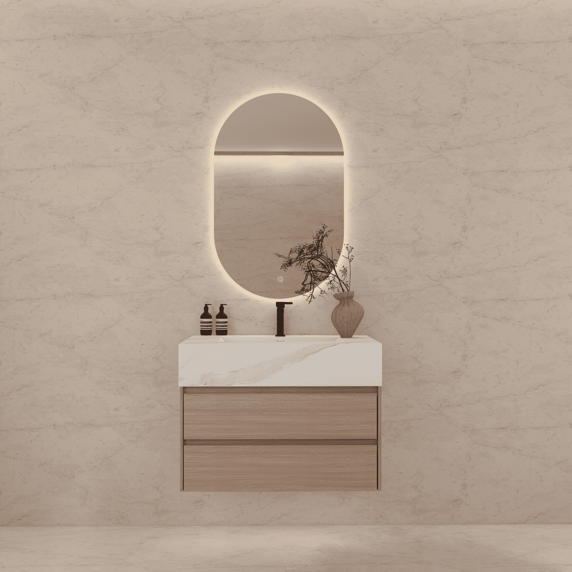32", 36", 40" Sintered Stone Top with Light Oak Floating Bathroom Vanity - VanityWhite Carrara