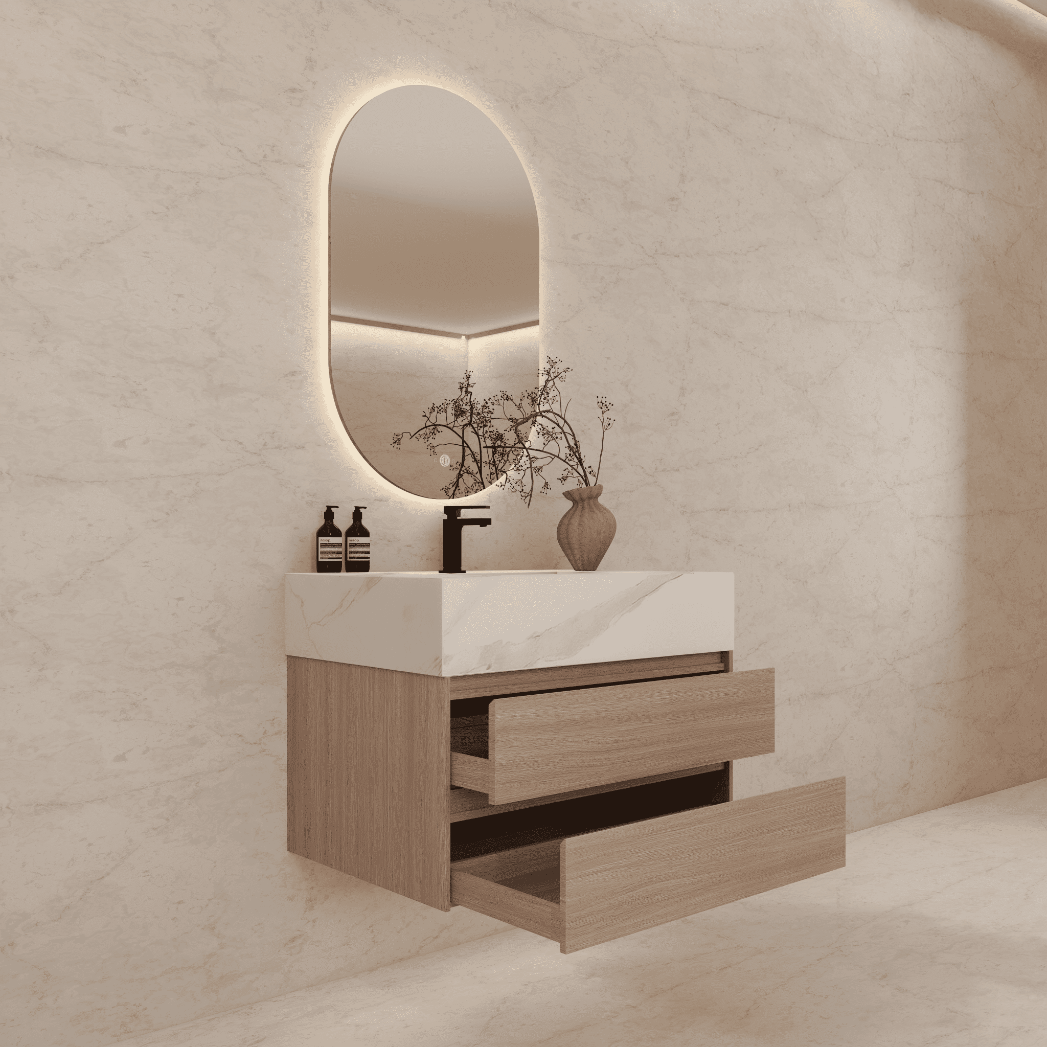 32", 36", 40" Sintered Stone Top with Light Oak Floating Bathroom Vanity - VanityWhite Carrara