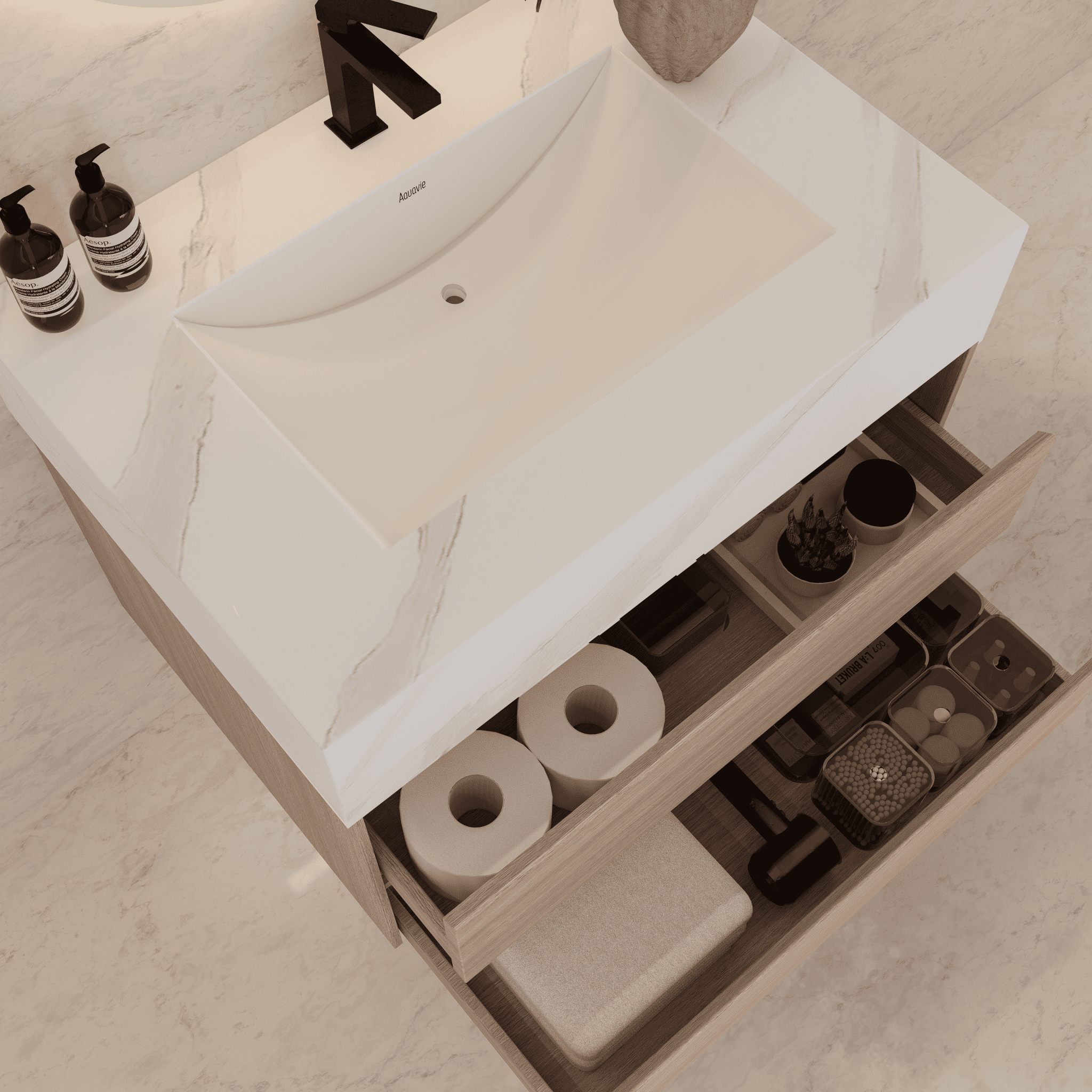32", 36", 40" Sintered Stone Top with Light Oak Floating Bathroom Vanity - VanityWhite Carrara
