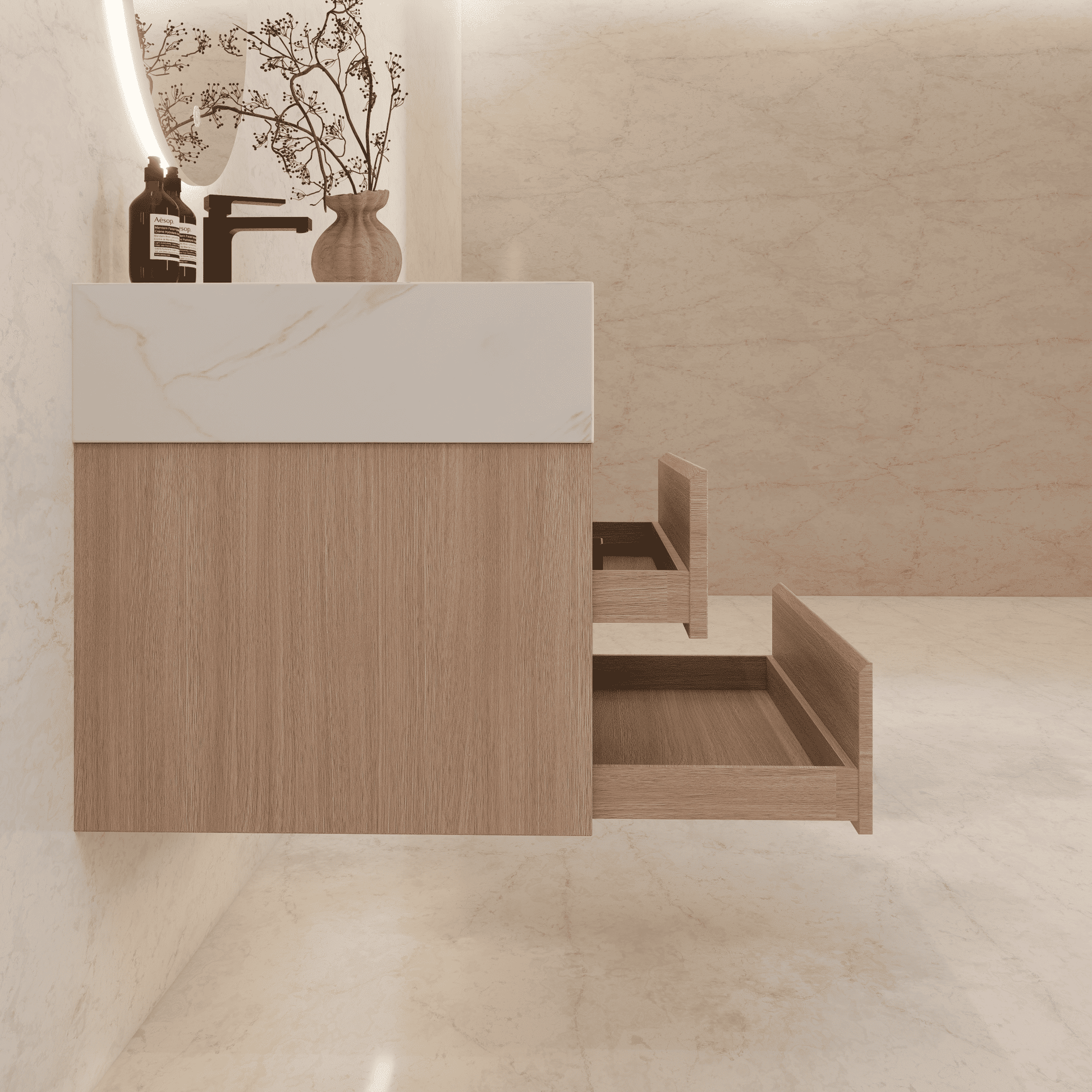 32", 36", 40" Sintered Stone Top with Light Oak Floating Bathroom Vanity - VanityWhite Carrara