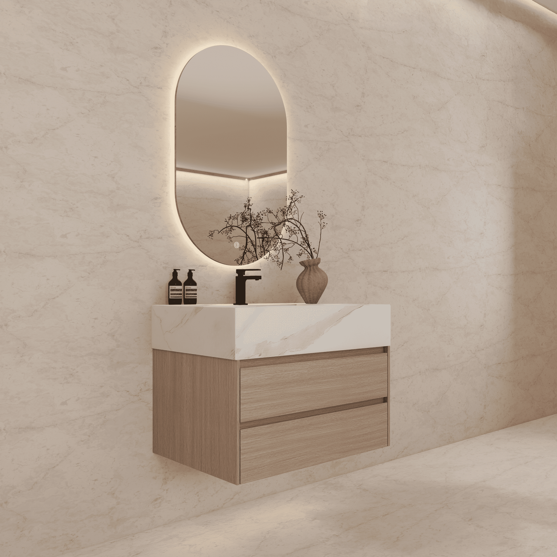 32", 36", 40" Sintered Stone Top with Light Oak Floating Bathroom Vanity - VanityWhite Carrara
