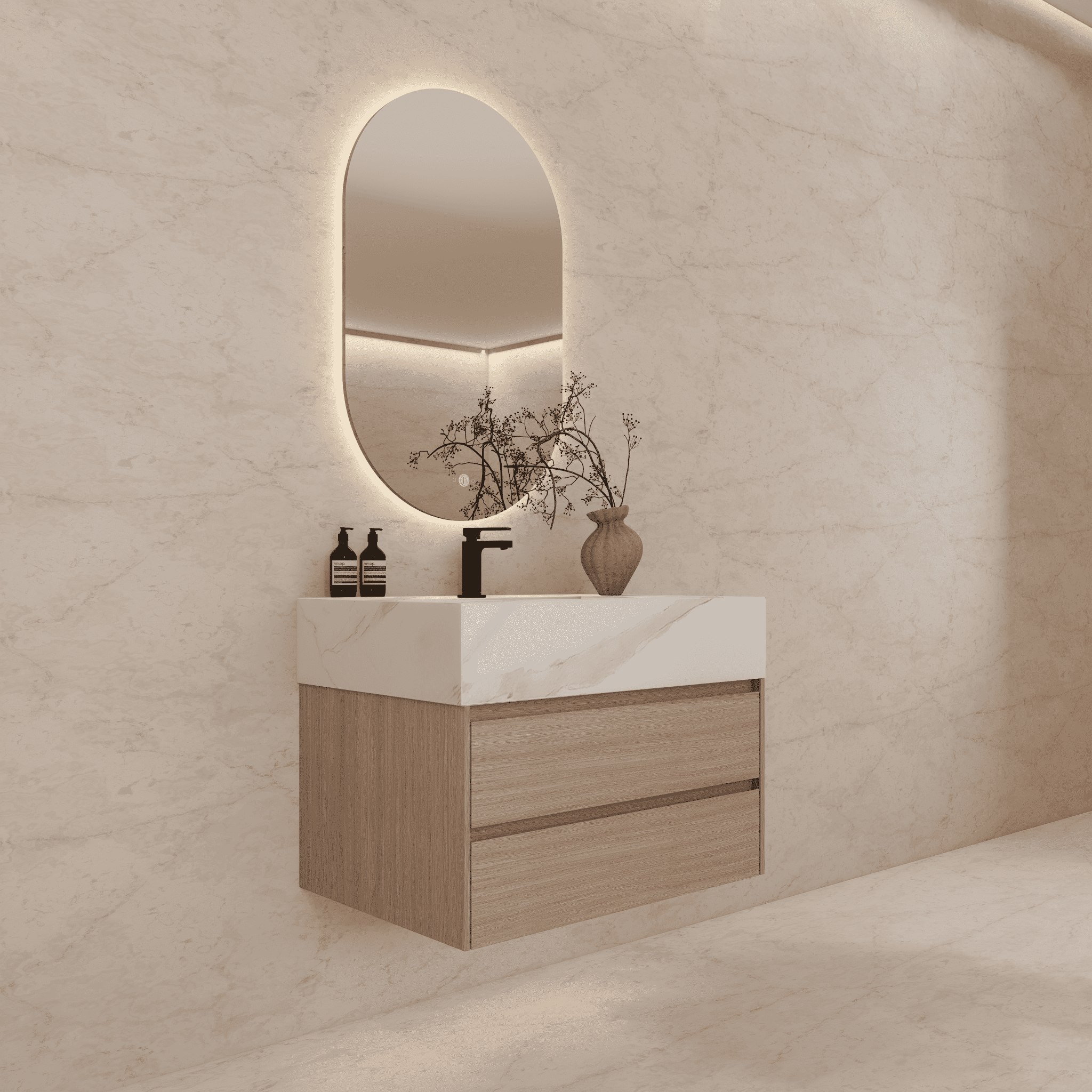 32", 36", 40" Sintered Stone Top with Light Oak Floating Bathroom Vanity - VanityWhite Carrara
