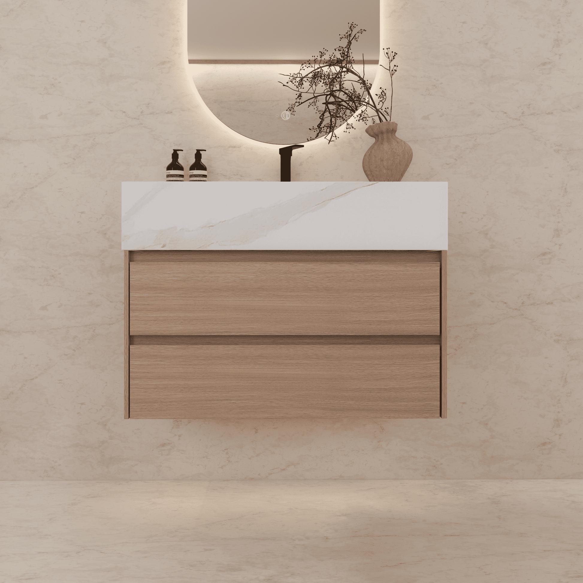 32", 36", 40" Sintered Stone Top with Light Oak Floating Bathroom Vanity - VanityWhite Carrara